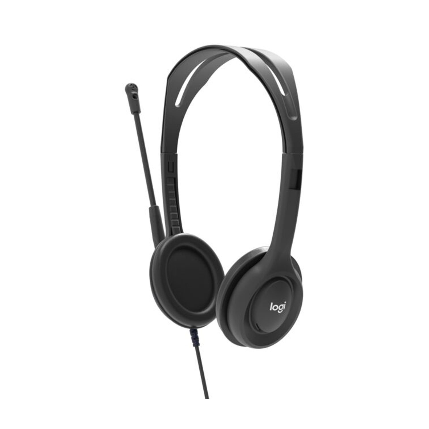 Cuffie Logitech nere con microfono, su sfondo bianco.