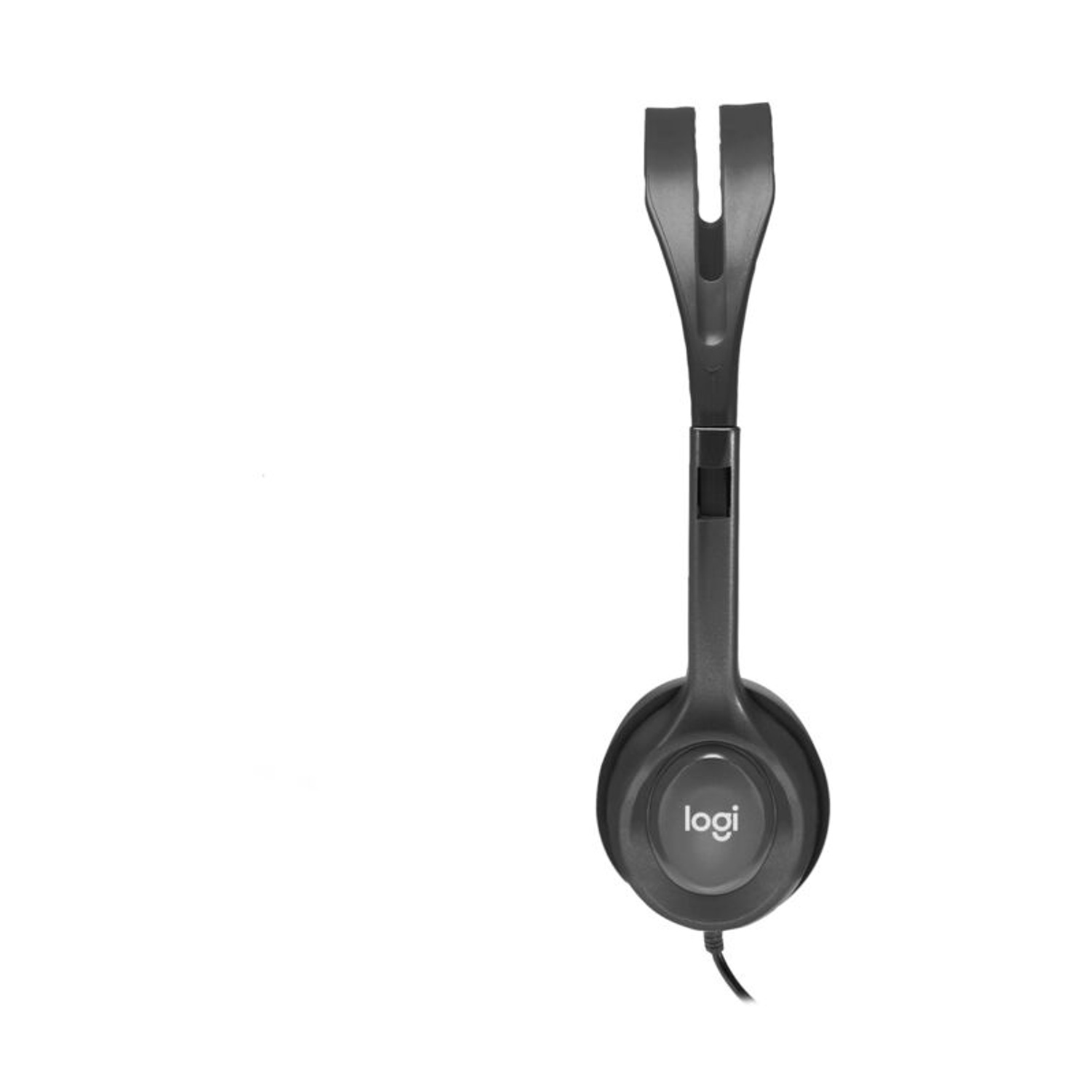 Un auricolare Logitech nero con microfono su sfondo bianco.