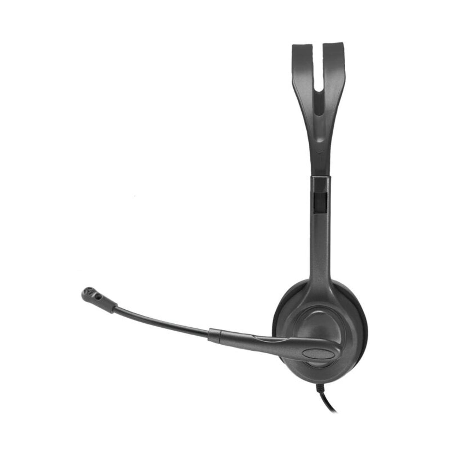 Un auricolare grigio con microfono su sfondo bianco.