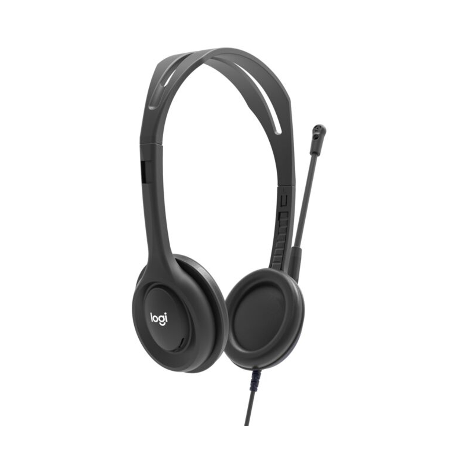 Cuffie Logitech nere con microfono, su sfondo bianco.
