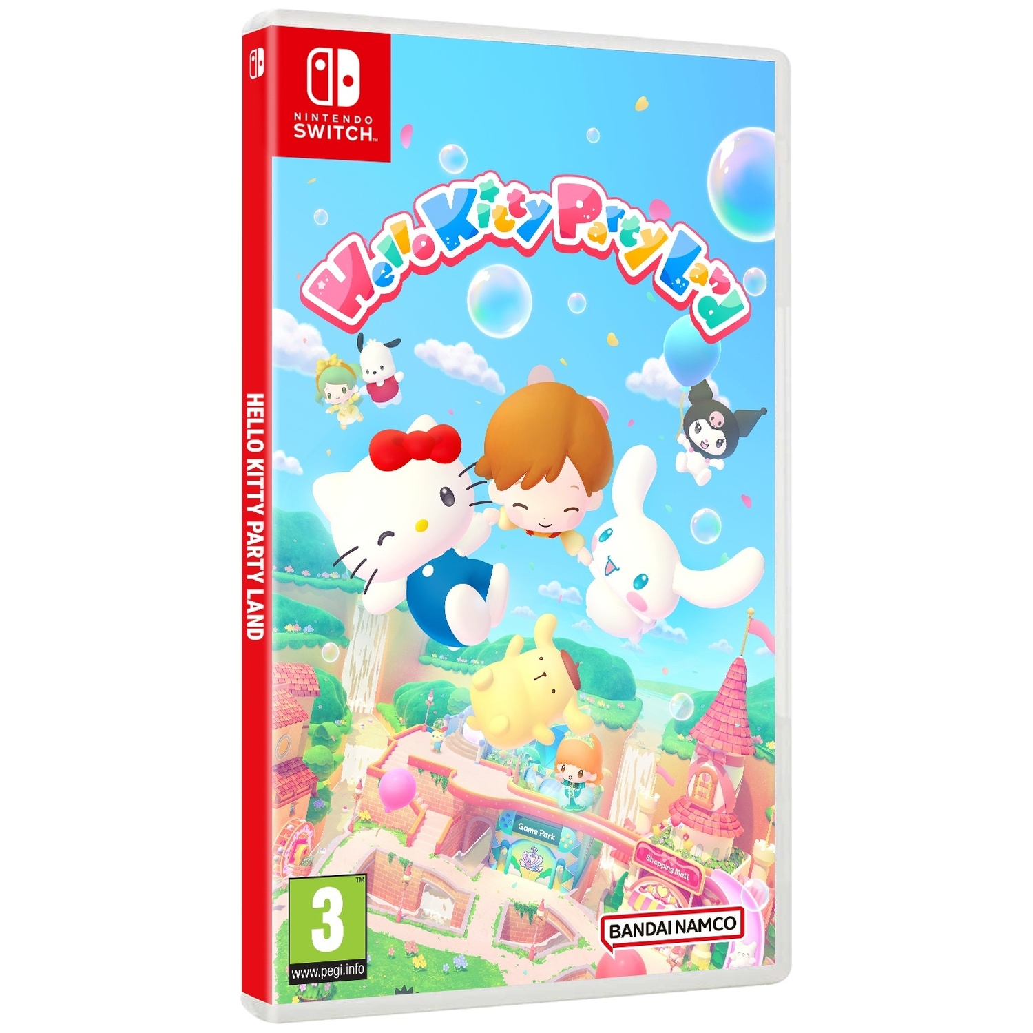 Nintendo Switch spel "Hello Kitty Party Land" met personages, kleurrijke gebouwen en bubbels.