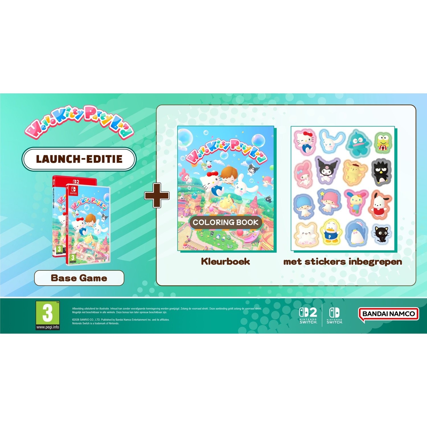Hello Kitty Party Launch Edition met spel, kleurboek en stickers voor Nintendo Switch.