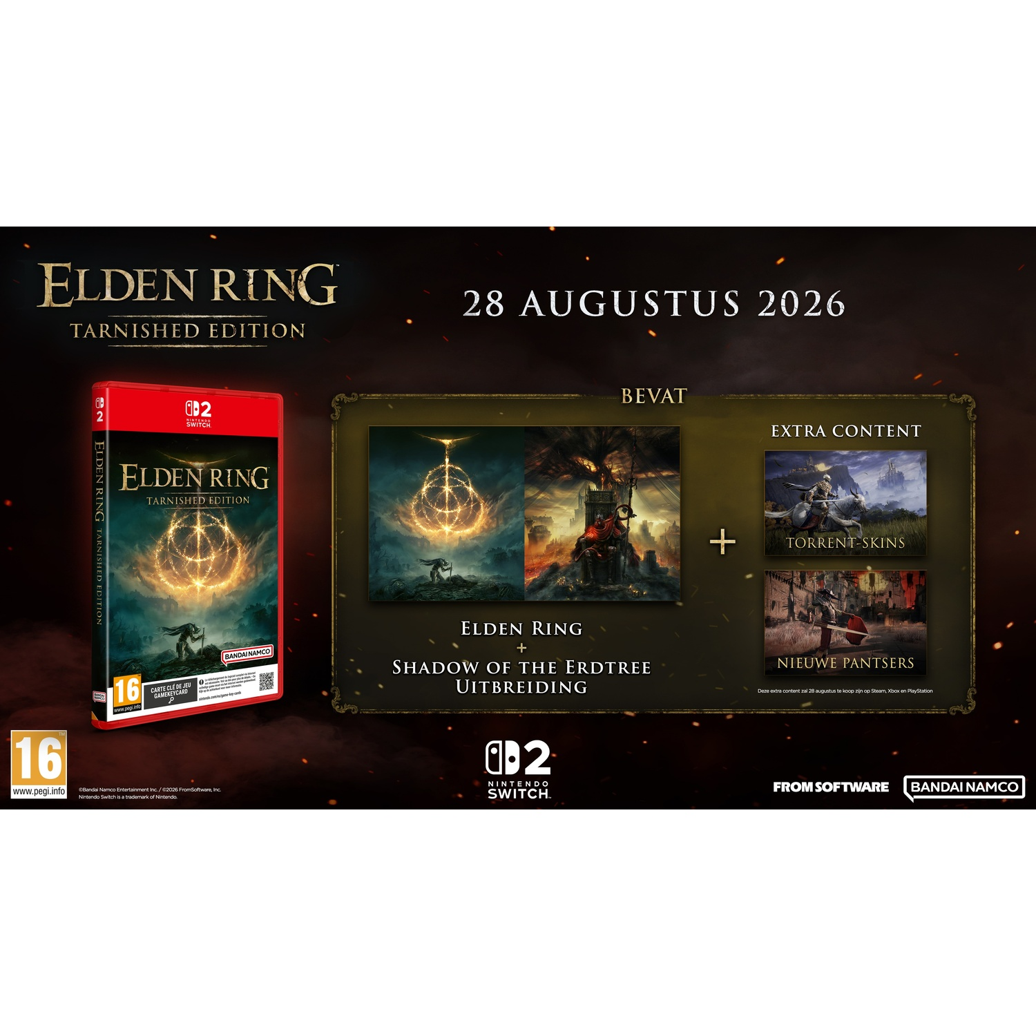 Elden Ring Tarnished Edition voor Nintendo Switch, gedateerd 28 augustus 2026, met extra content.