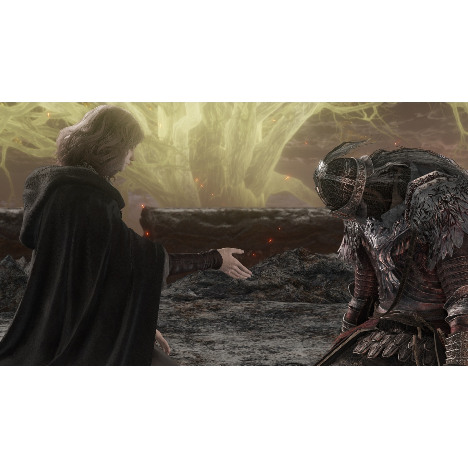 Een figuur in gewaad biedt een hand aan een ridder in sierlijk harnas, een gloeiende boom erachter.