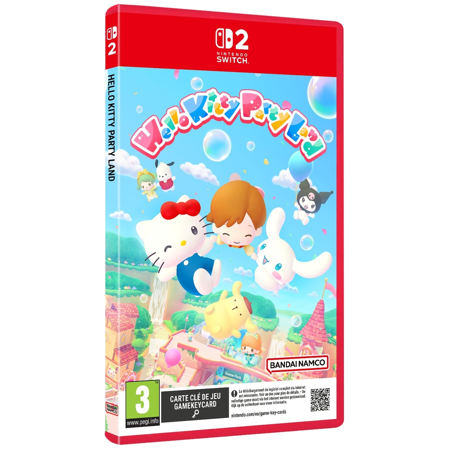 Nintendo Switch game case: Hello Kitty Party Land met personages en bellen in blauwe lucht.