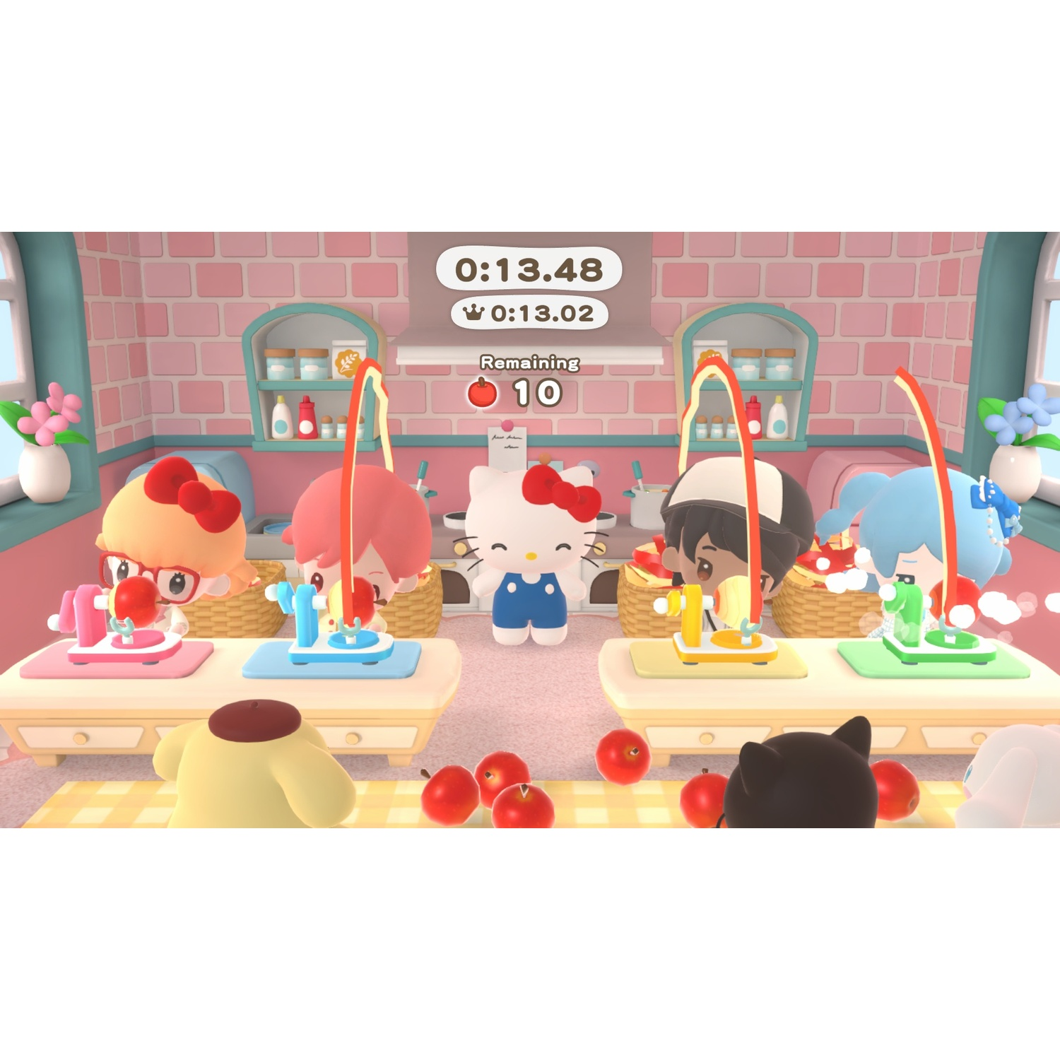 Karakters in een keuken verwerken appels, Hello Kitty staat in het midden.