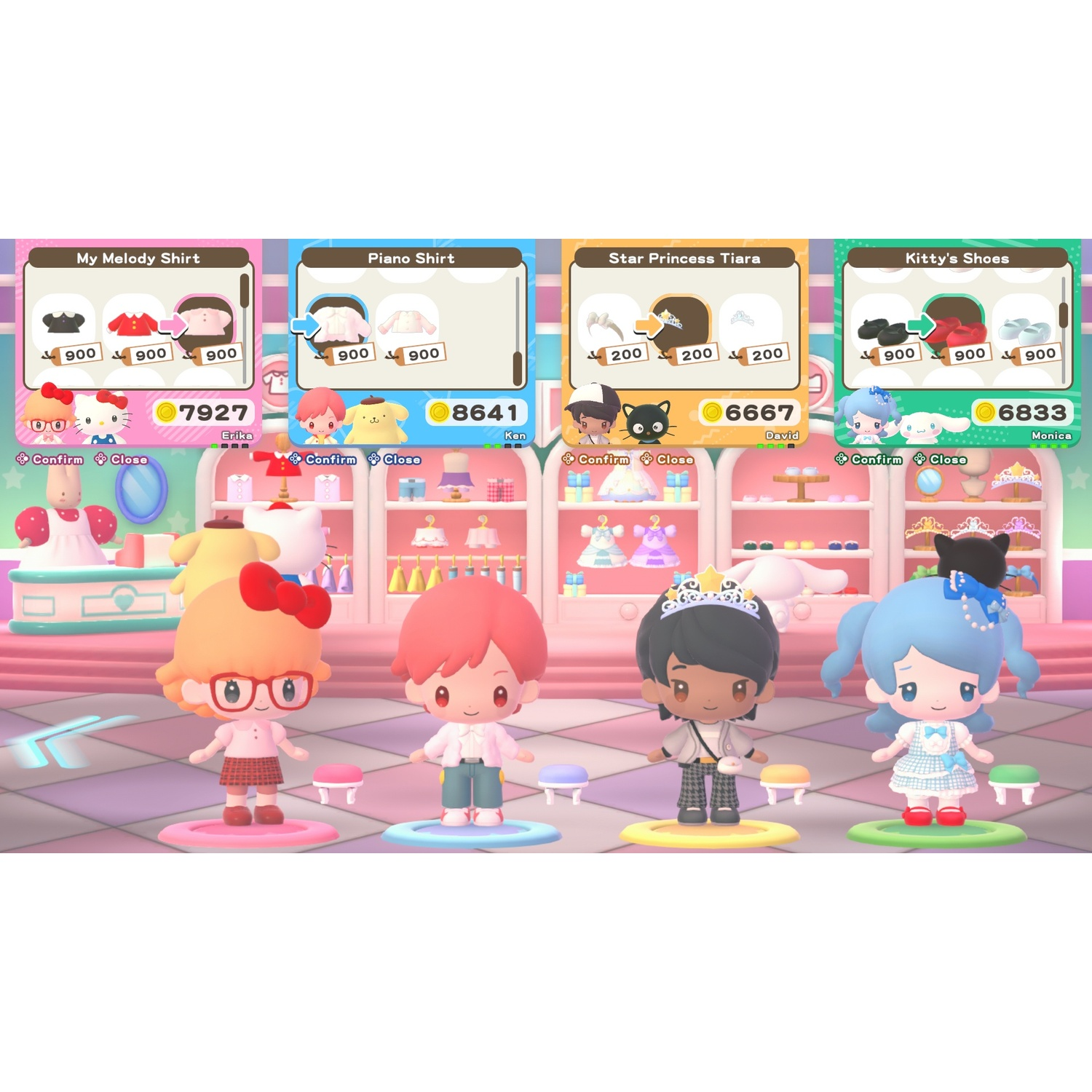 Vier personages in een winkel met kleding en accessoires te koop.