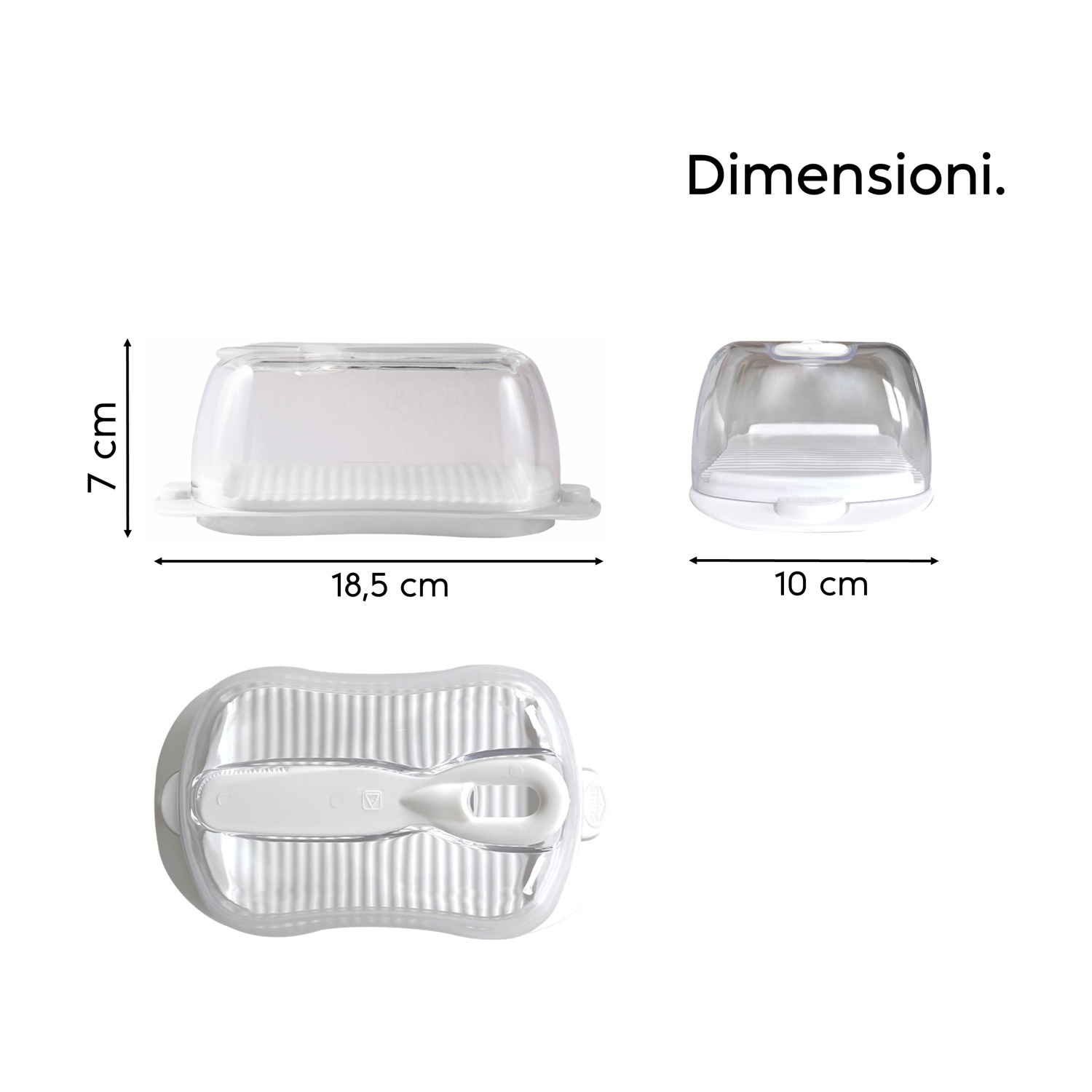 Contenitore trasparente con base e coperchio bianchi. Dimensioni 18,5 x 7 x 10 cm.
