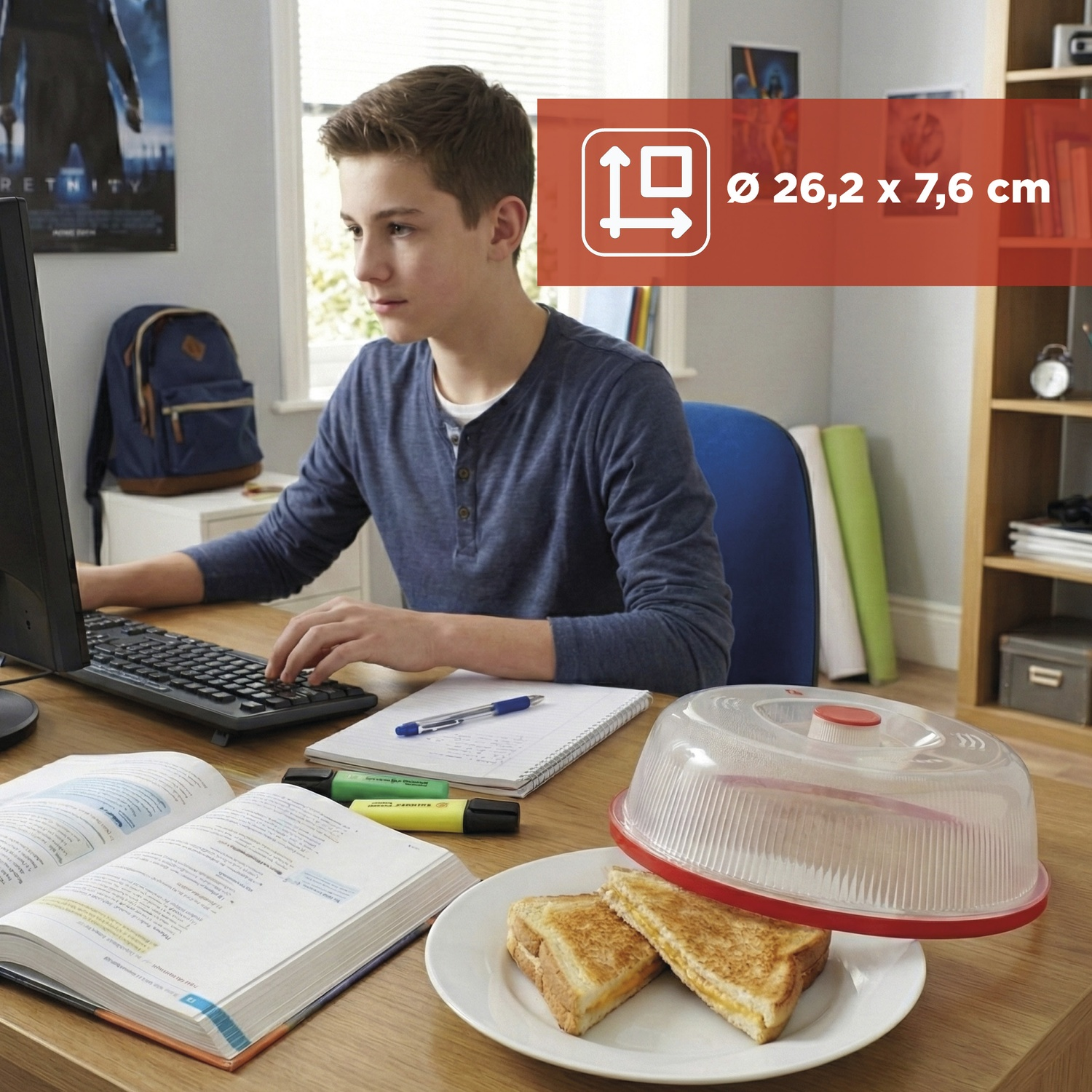 Un ragazzo studia alla scrivania con panini vicini sotto una copertura.