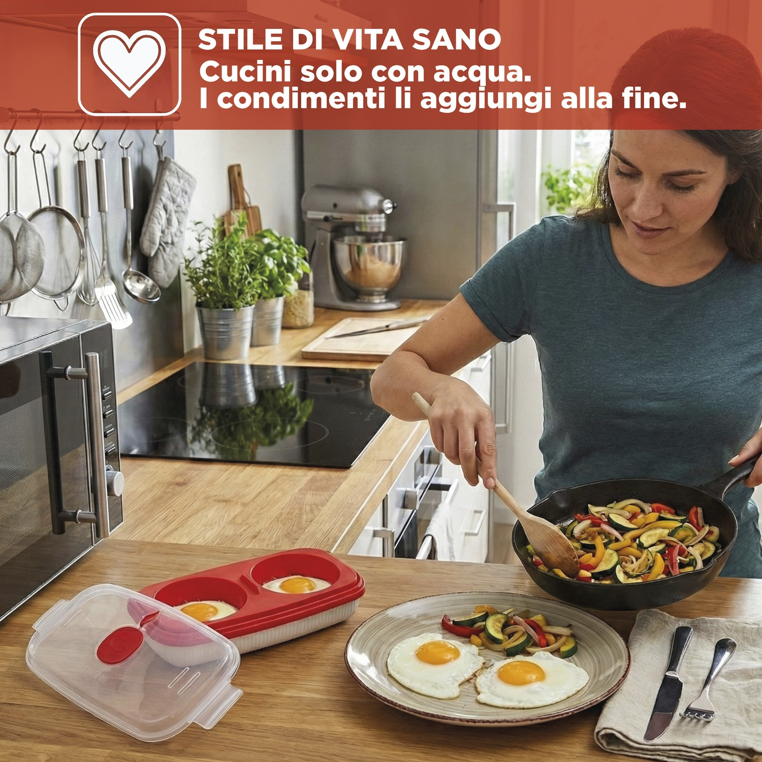 Una donna cucina verdure in padella, con uova fritte accanto.