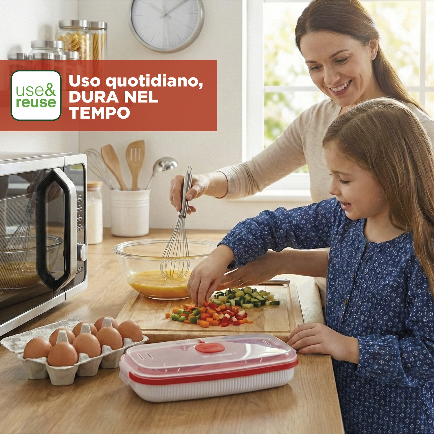 Madre e figlia preparano cibo in cucina, uova e verdure pronte.