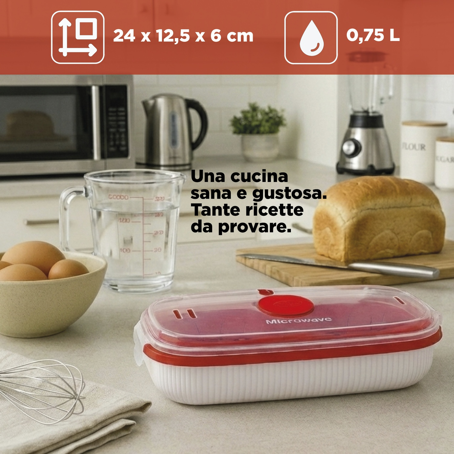 Utensili da cucina con pane, uova e misurino sul piano di lavoro.