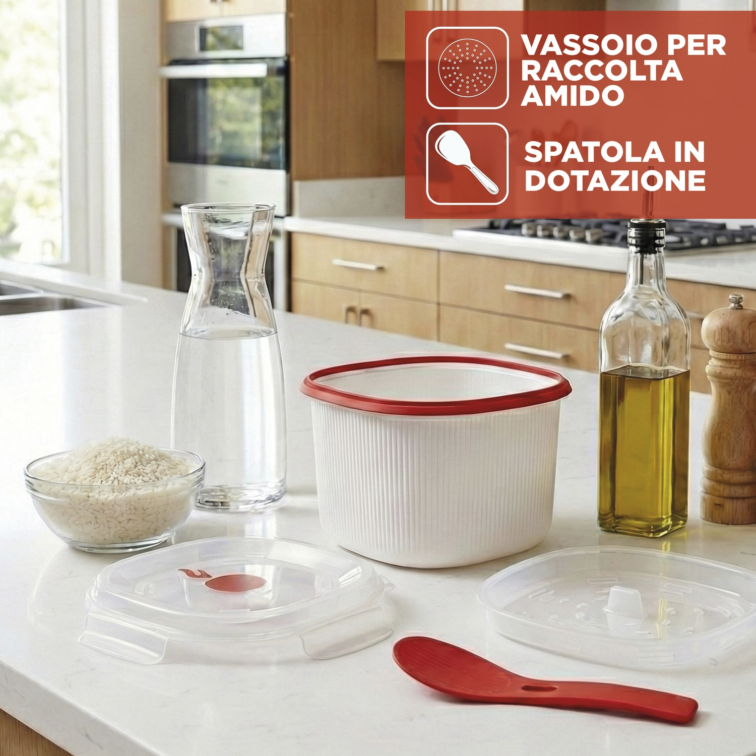 Bancone da cucina con riso, acqua, olio e accessori.