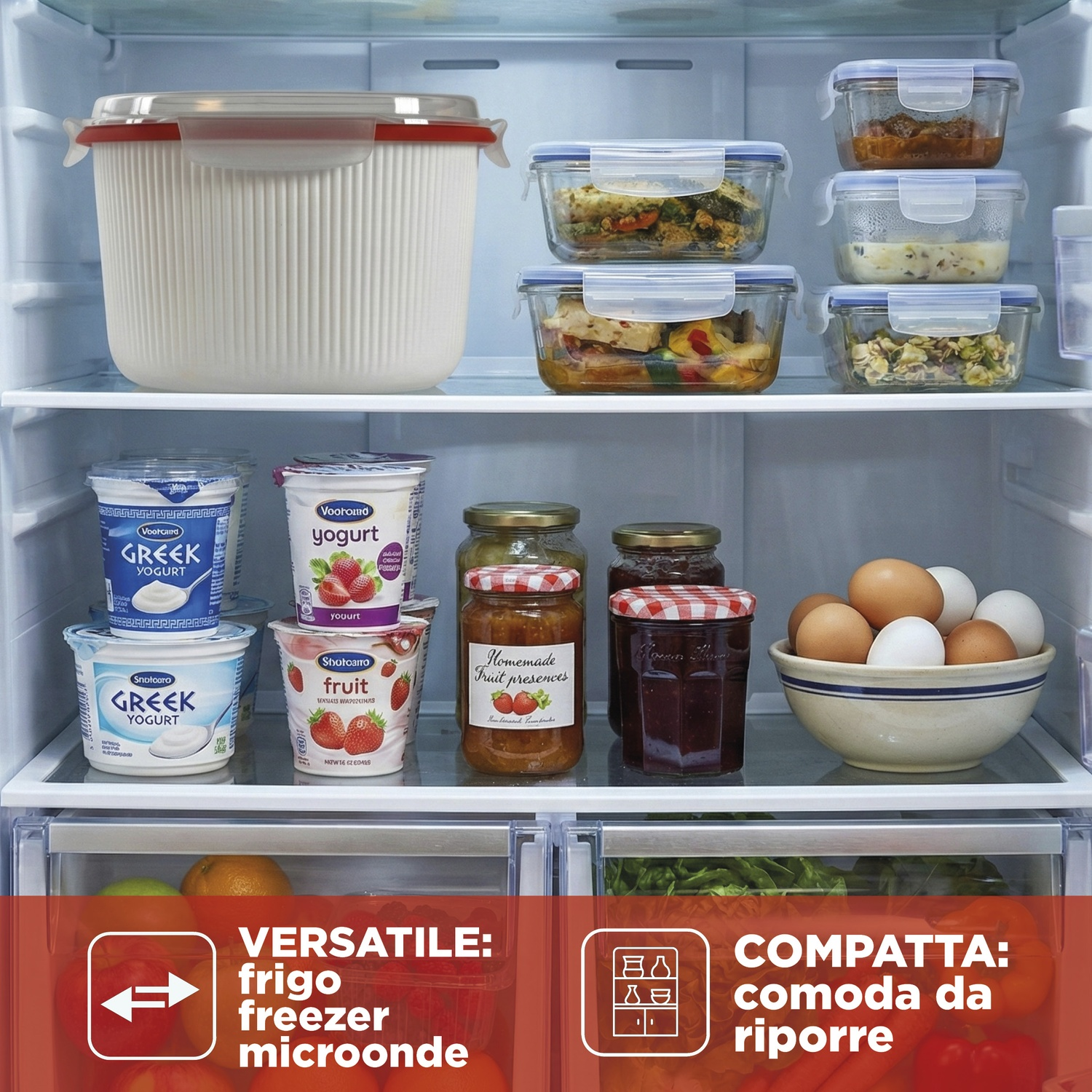 Un frigorifero fornito di cibo tra cui yogurt, barattoli e uova.