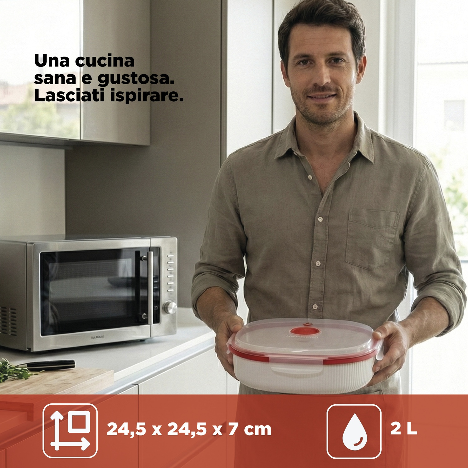 Uomo con microonde e contenitore. Dimensioni: 24,5x24,5x7cm, 2L.
