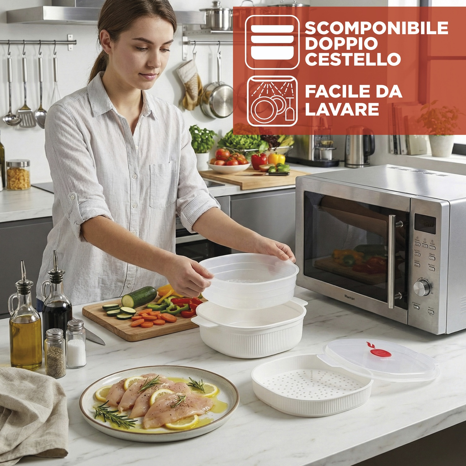 Una donna prepara cibo in cucina, con microonde e accessori per cucinare.