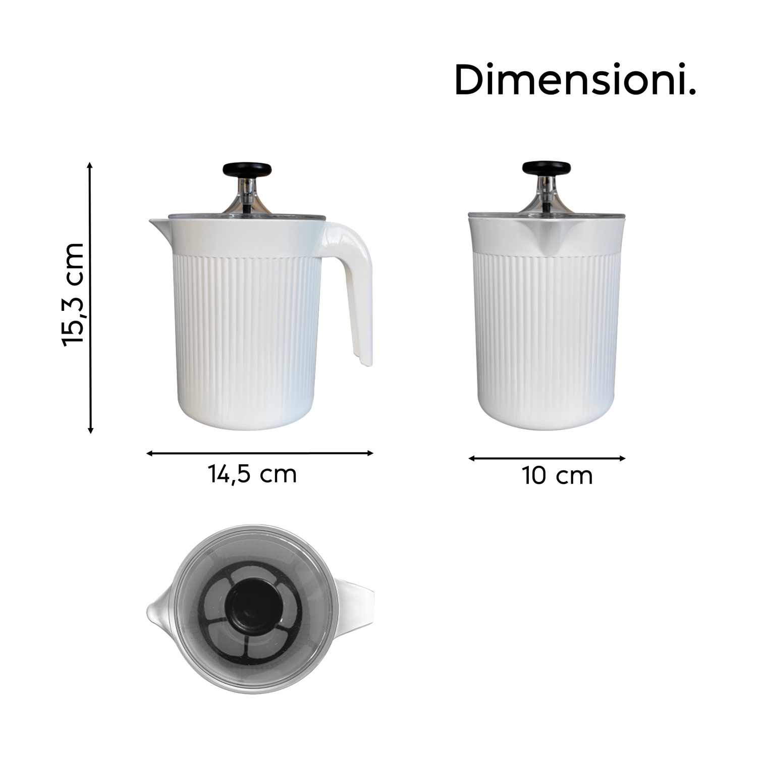French press bianca con dimensioni: 15,3 cm altezza, 14,5 cm larghezza.