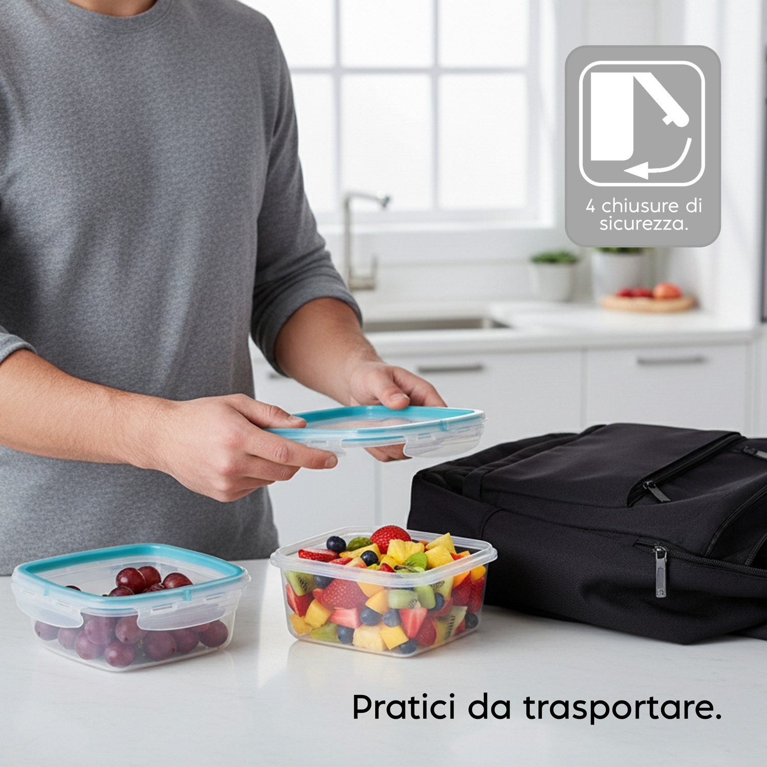 Uomo mette contenitori con frutta e uva in una borsa. Quattro chiusure di sicurezza.