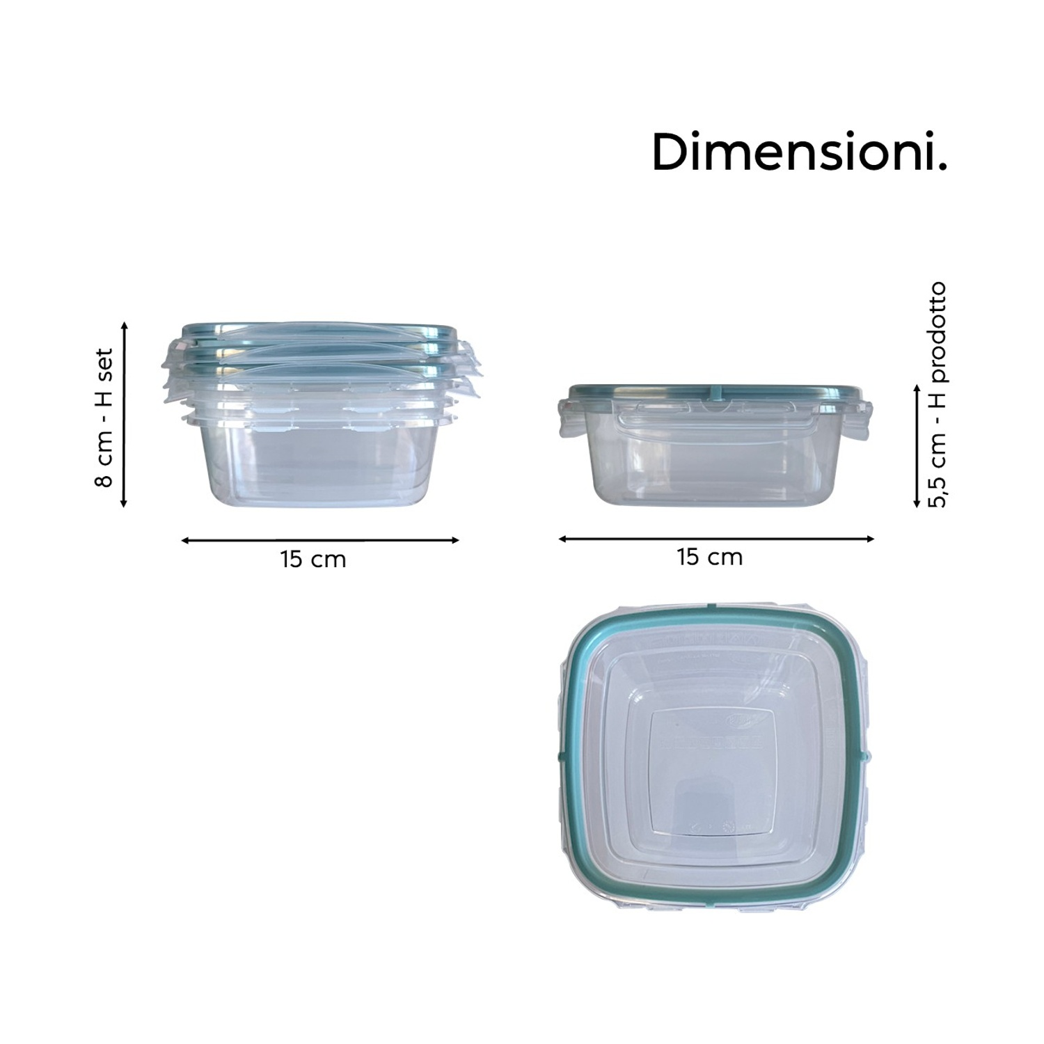 Tre contenitori trasparenti con coperchi verdi, dimensioni indicate.