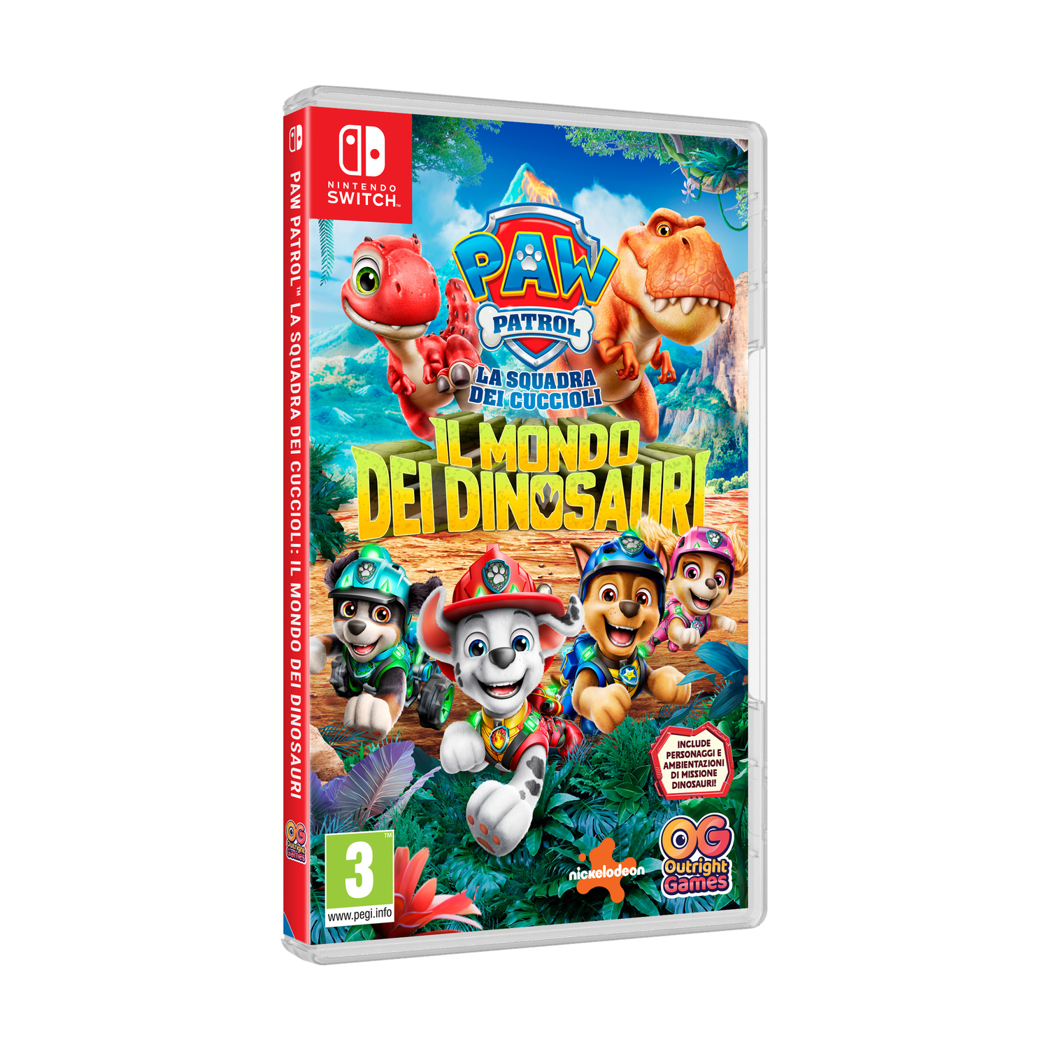 Custodia gioco Nintendo Switch: Paw Patrol. Due dinosauri e quattro cuccioli.