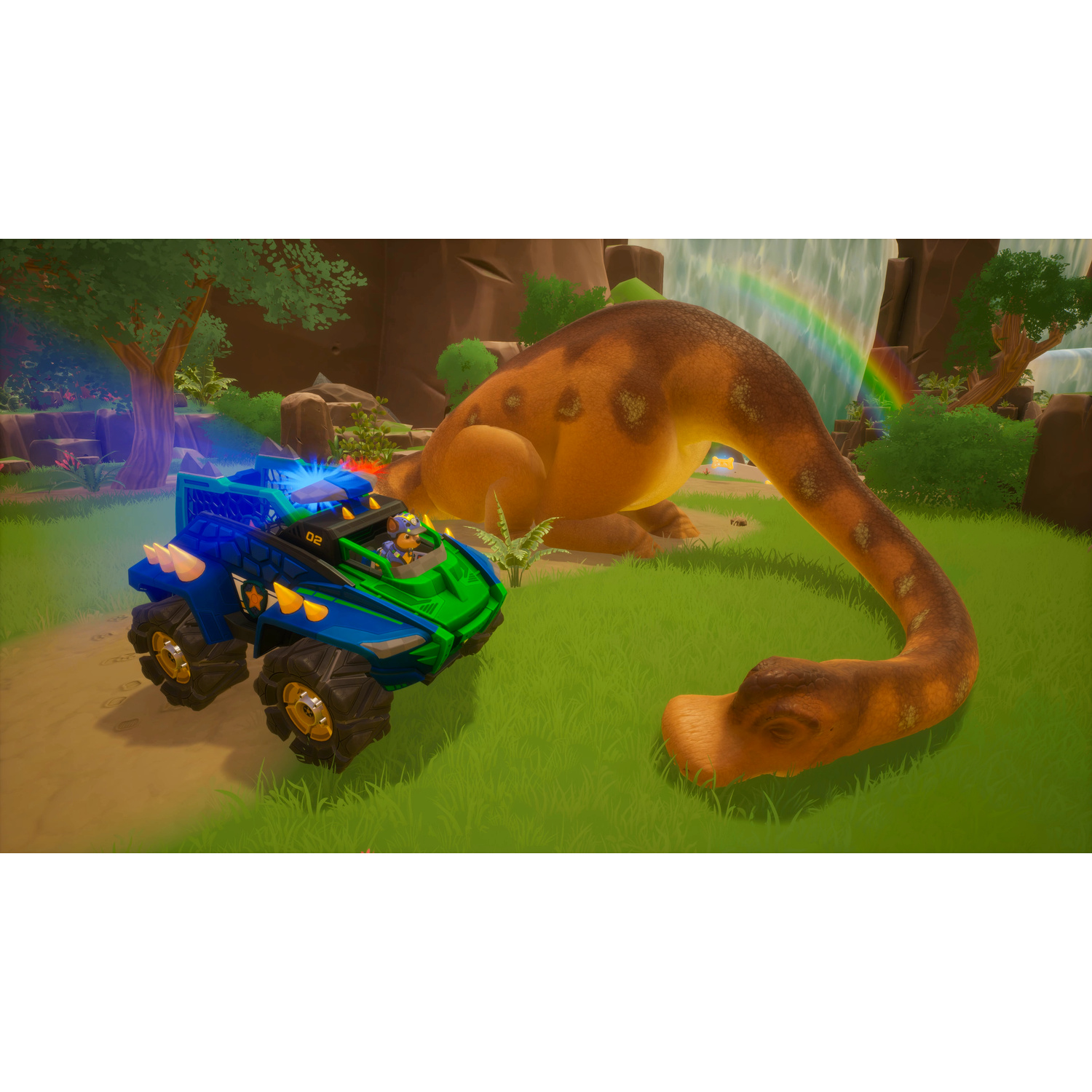 Un camion blu e verde con ruote gialle accanto a un dinosauro arancione.