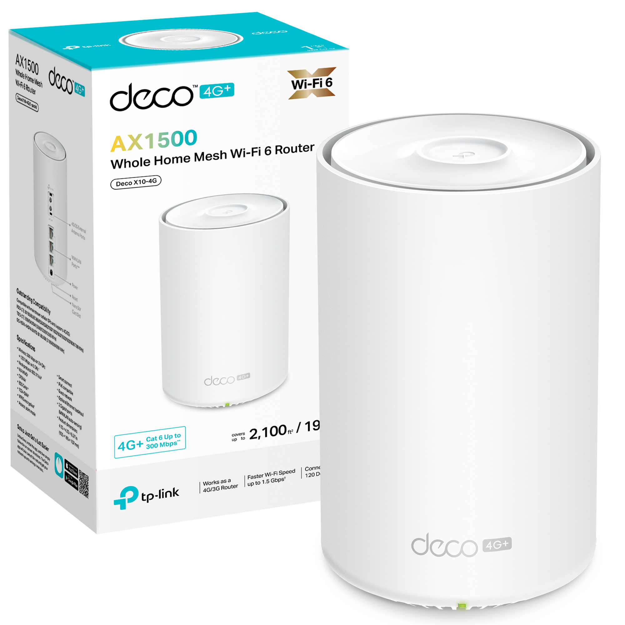 Un router TP-Link Deco Mesh Wi-Fi 6 blanco con conectividad 4G+.