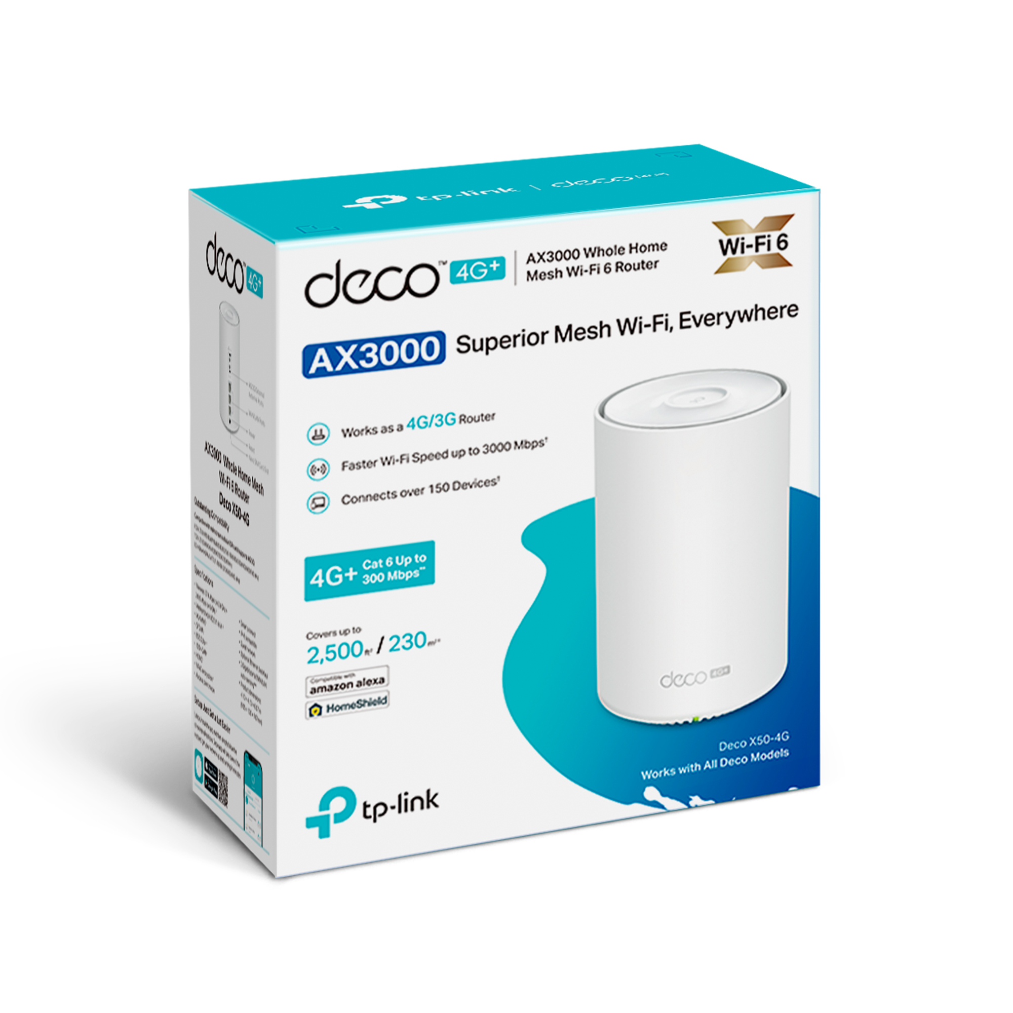 Embalaje del router TP-Link Deco AX3000 4G+ Mesh Wi-Fi 6 con dispositivo.