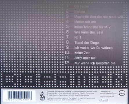 CD-Rückseite mit Titel-Trackliste in weißer Schrift auf grauem Musterhintergrund.