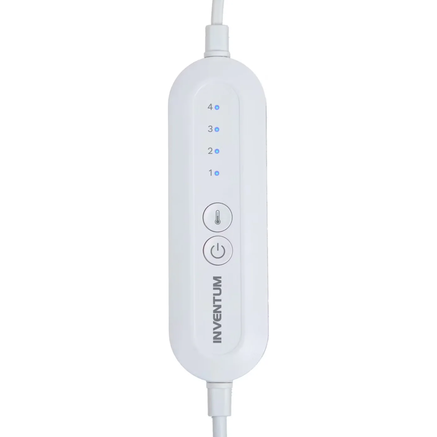 Witte temperatuurregelaar met 4 blauwe LED's, een thermometer en een aan/uit-icoon.