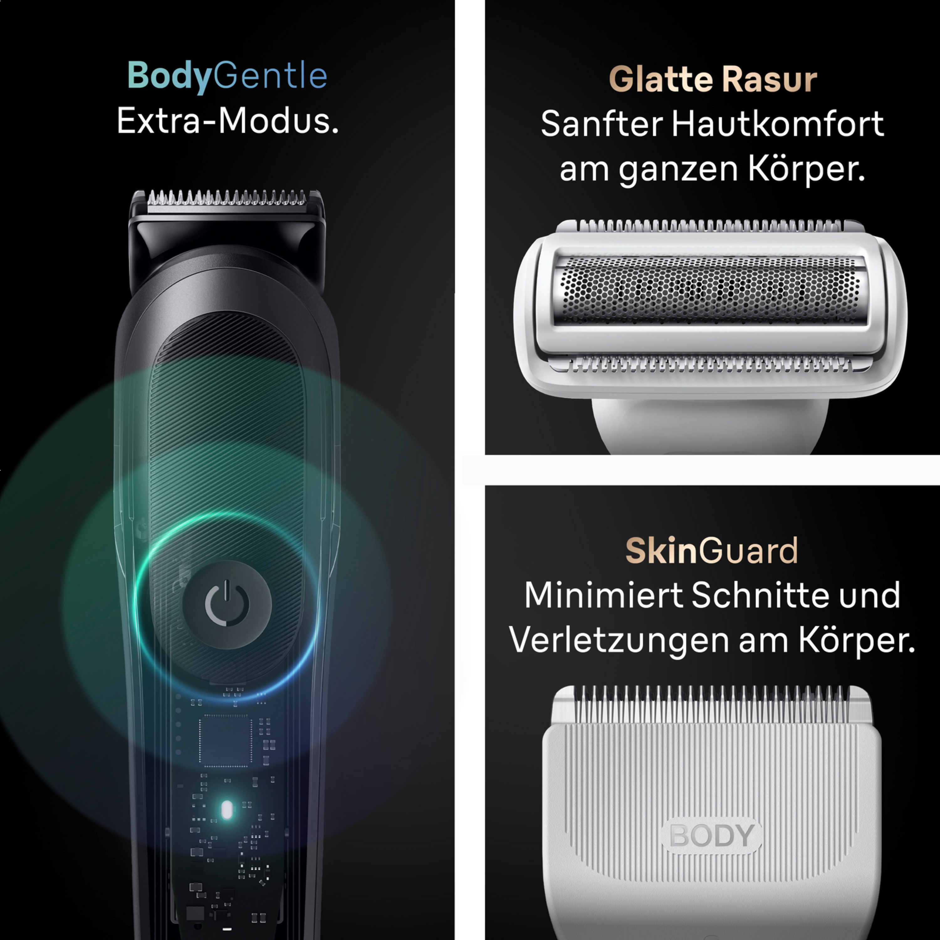 Elektrischer Rasierer mit verschiedenen Aufsätzen und Bedienelementen.