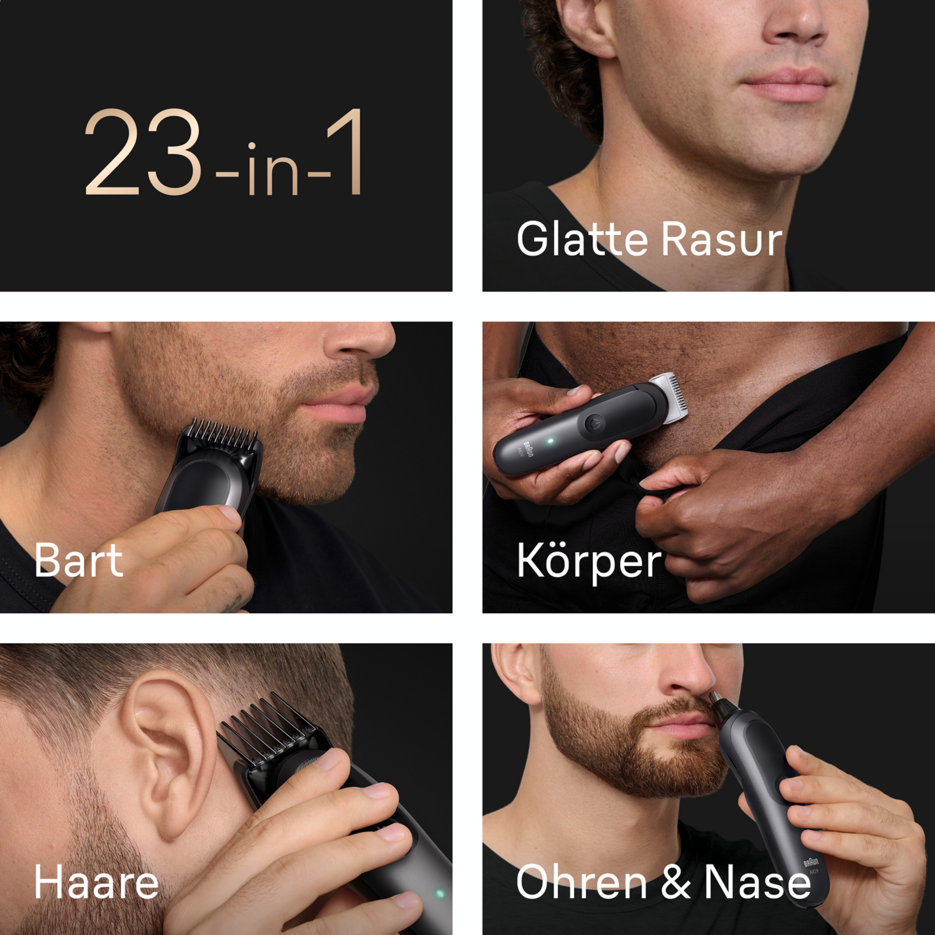 Collage zeigt Bart-, Körper-, Haar-, Ohren- und Nasenpflege mit Trimmer.
