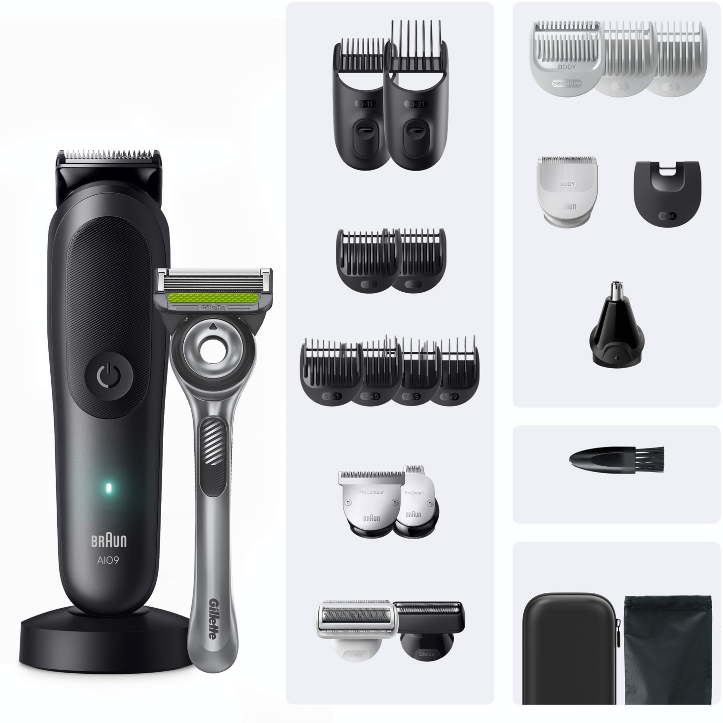 Braun-Rasierer, Gillette-Rasierer und Pflegeaufsätze auf weißem Hintergrund.