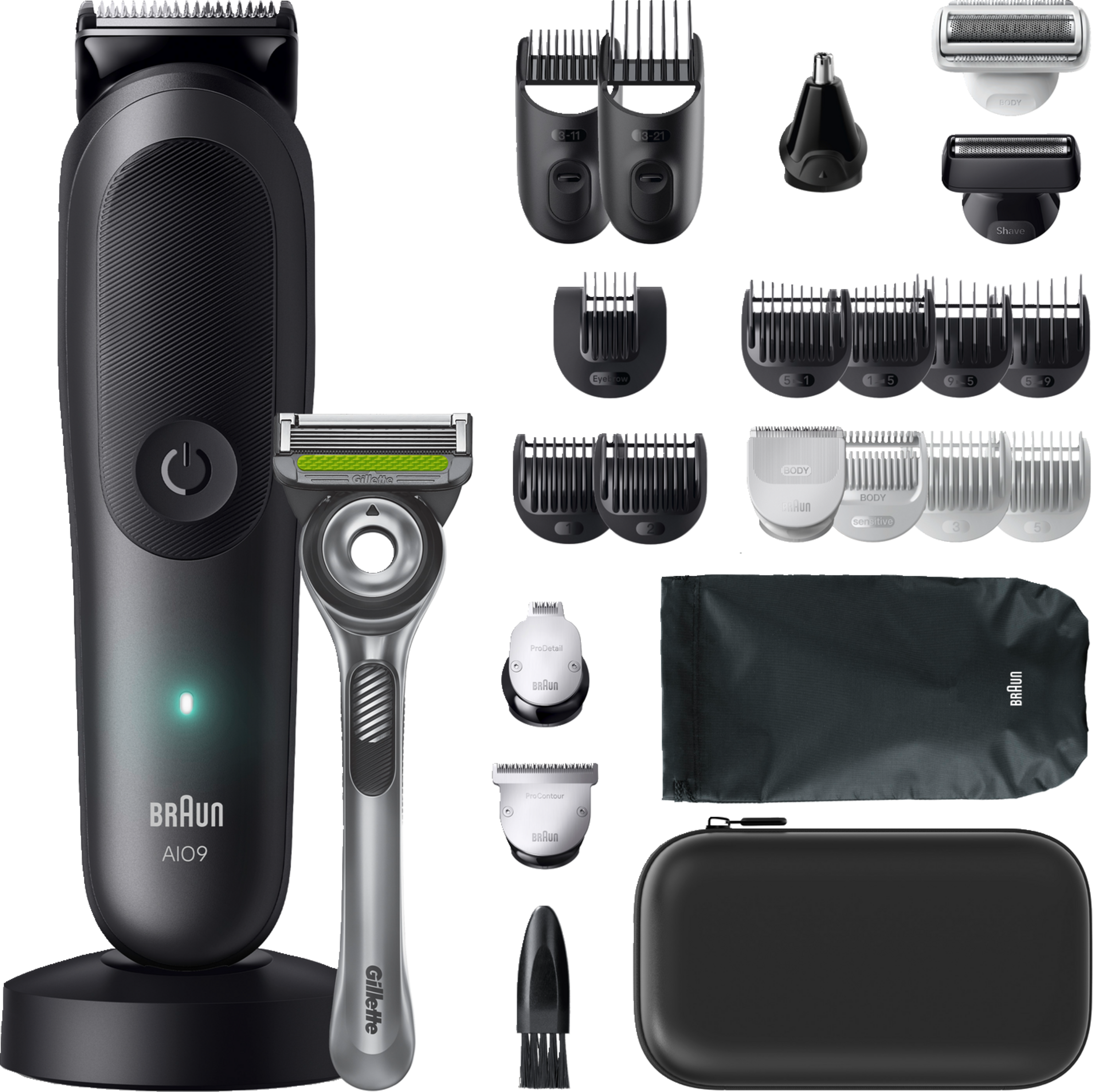Braun AI09 Trimmer, Gillette Rasierer und Pflegeaufsätze auf schwarzem Hintergrund.