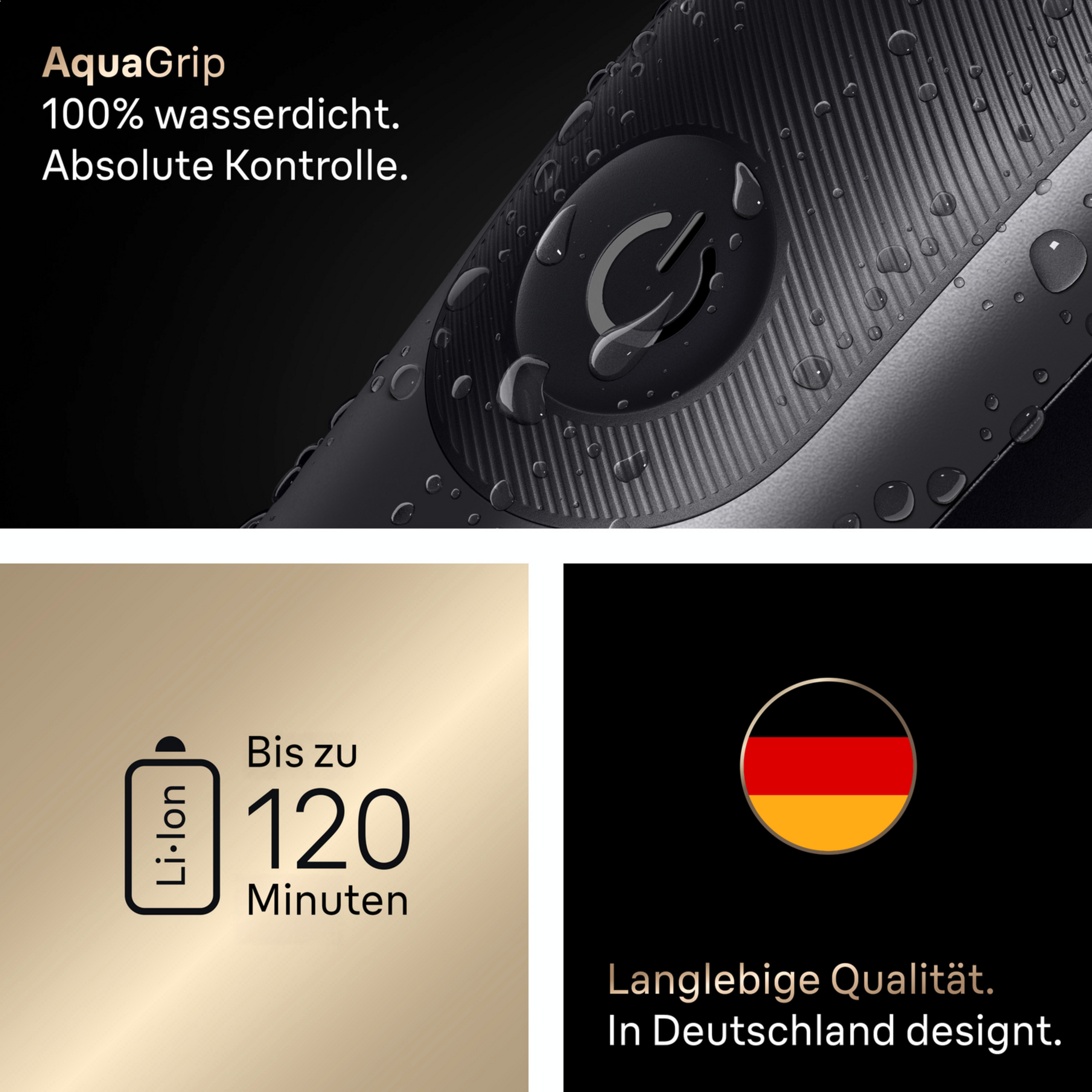 Wasserdichtes Gerät mit Akku-Symbol und deutscher Flagge.