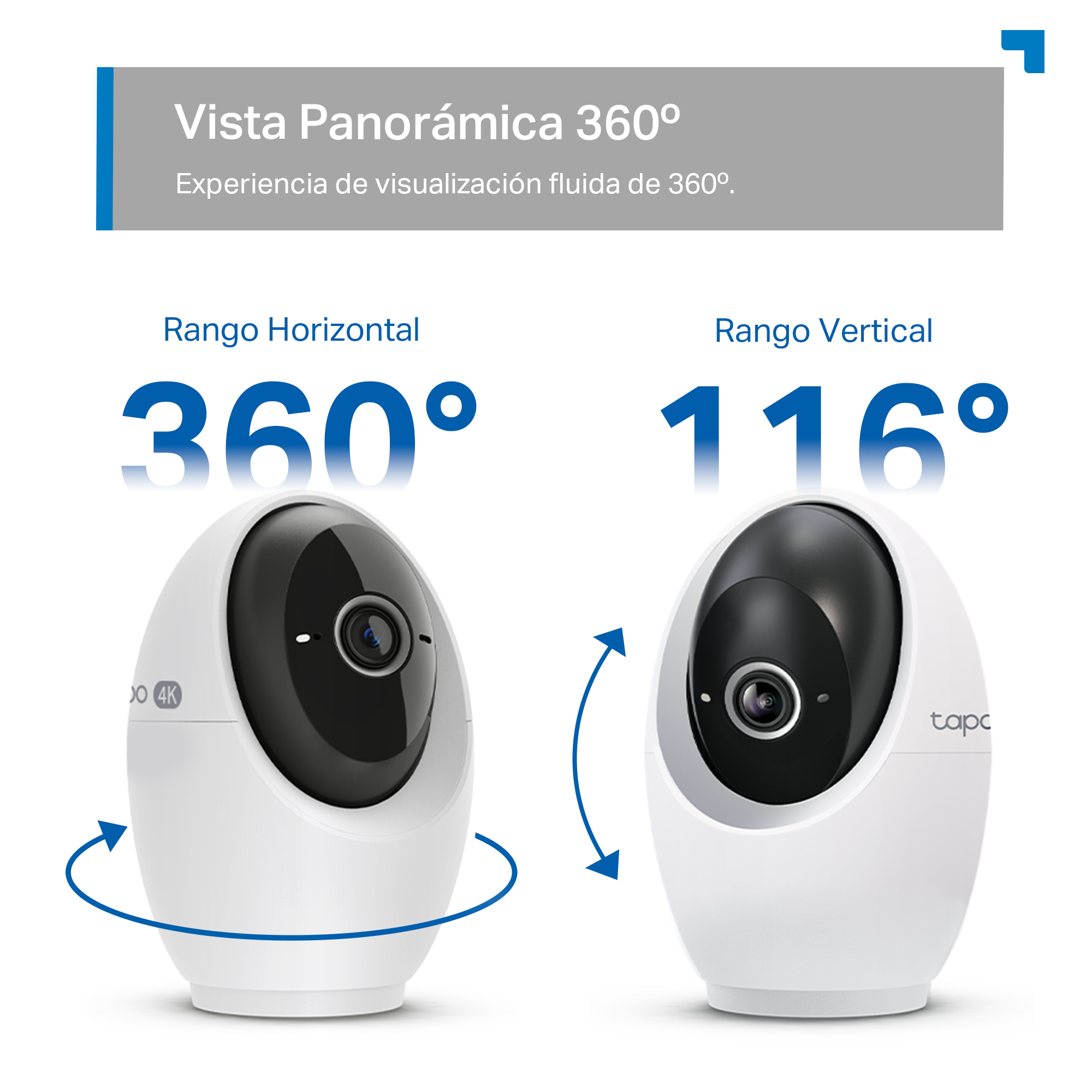 Dos cámaras blancas de paneo/inclinación muestran 360° horizontal y 116° vertical.
