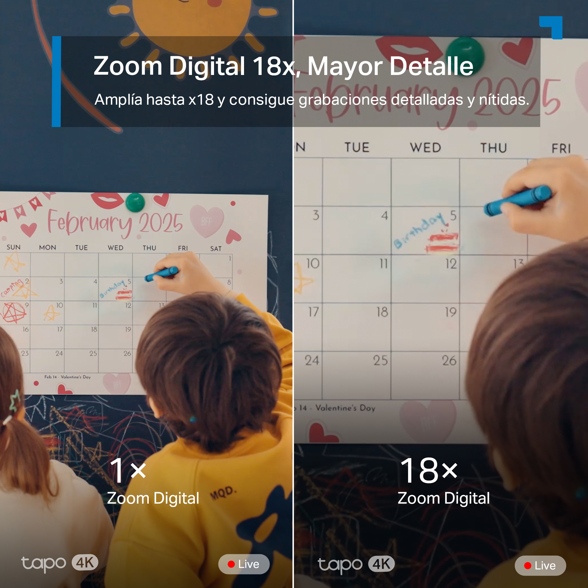 Niños escriben en un calendario de febrero de 2025. Una mano dibuja un pastel.