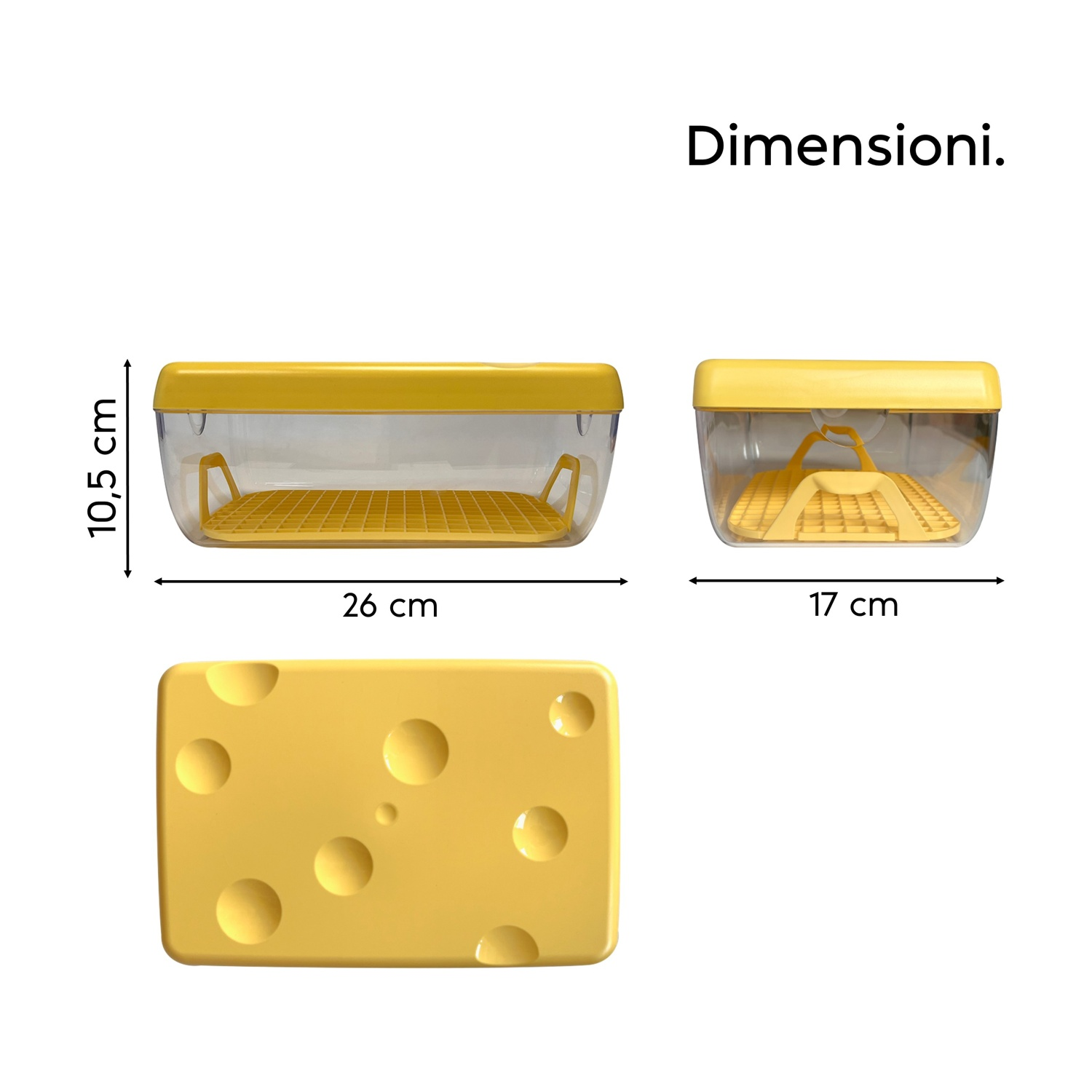 Contenitori gialli con misure 26x17x10,5 cm e coperchio a formaggio.