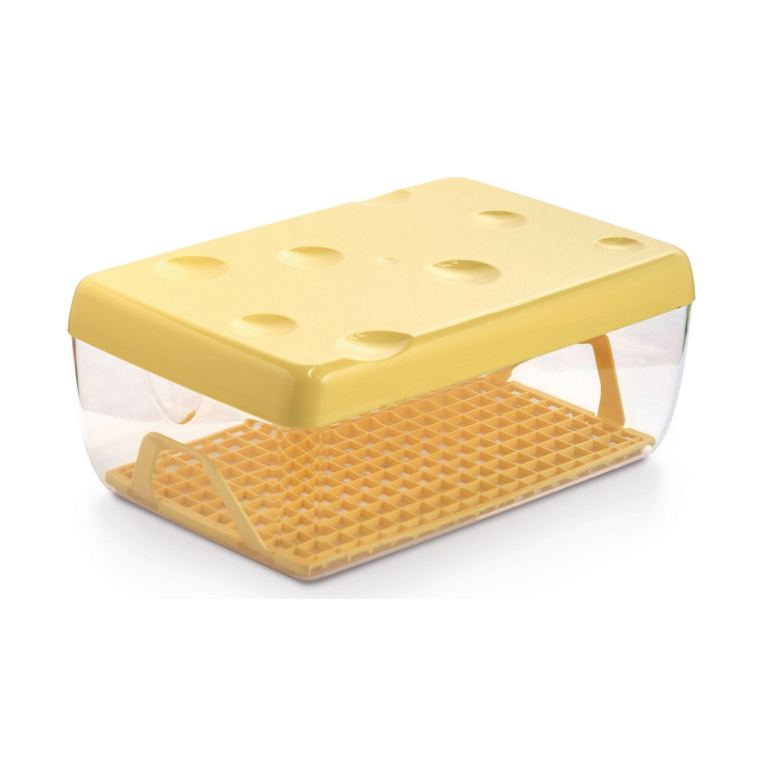 Contenitore giallo a forma di formaggio con base trasparente e griglia.