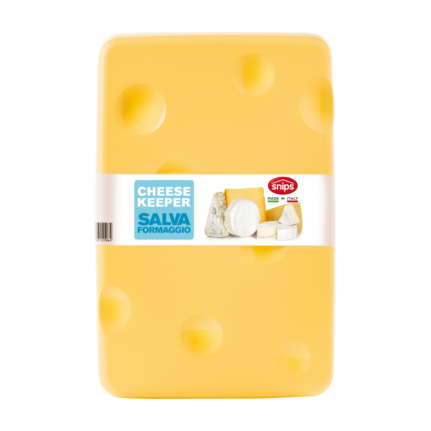 Porta formaggio giallo con motivo a buchi, mostra vari formaggi.