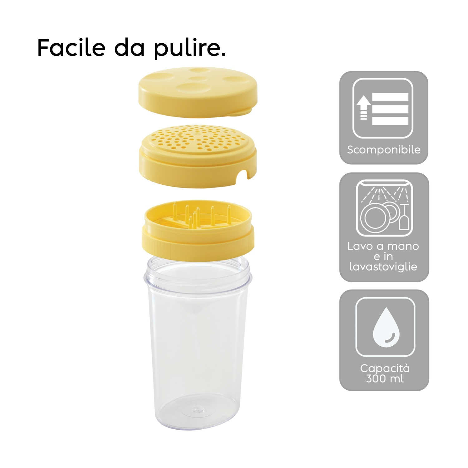 Un contenitore giallo smontabile con setaccio e coperchio, capacità 300 ml.