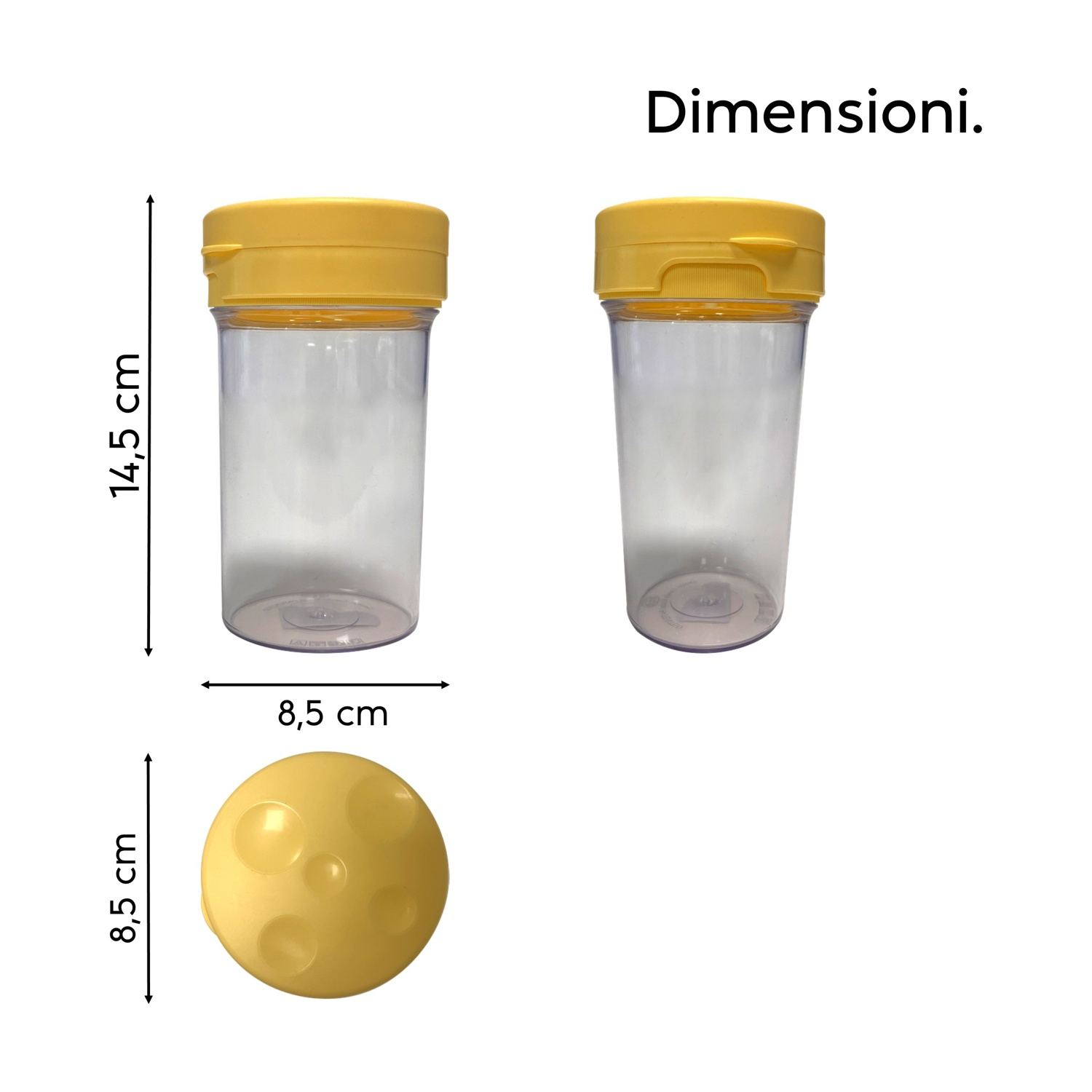 Due contenitori trasparenti con coperchi gialli, mostrati con dimensioni. Un coperchio giallo è mostrato separatamente.