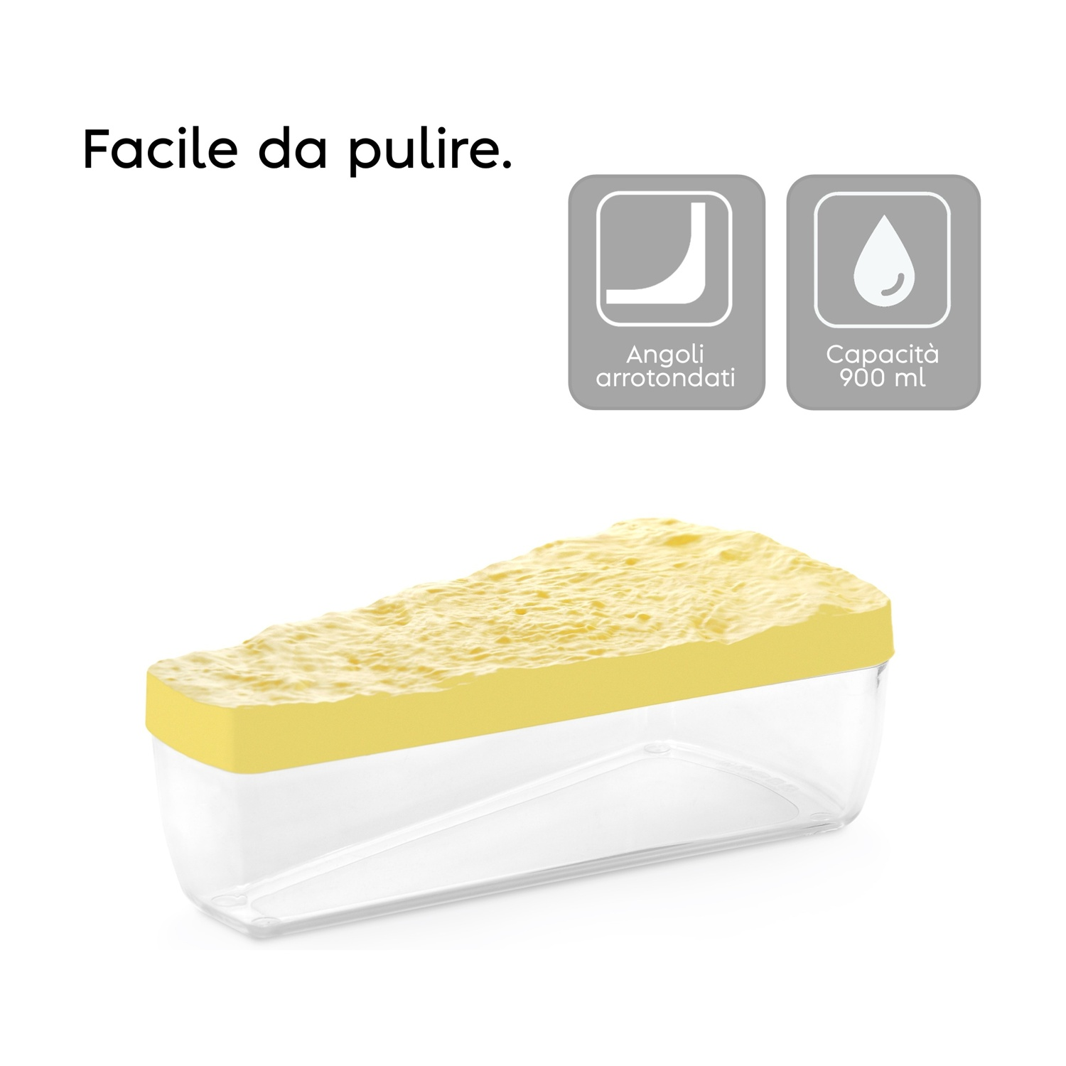 Una spugna gialla su un contenitore trasparente con bordo giallo.