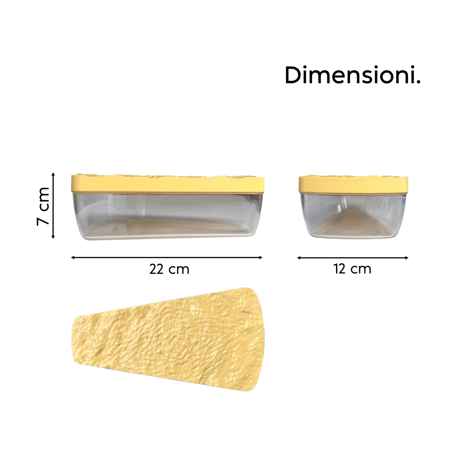Due contenitori trasparenti con coperchi gialli, lunghi 22cm e 12cm. Accanto, un oggetto giallo.