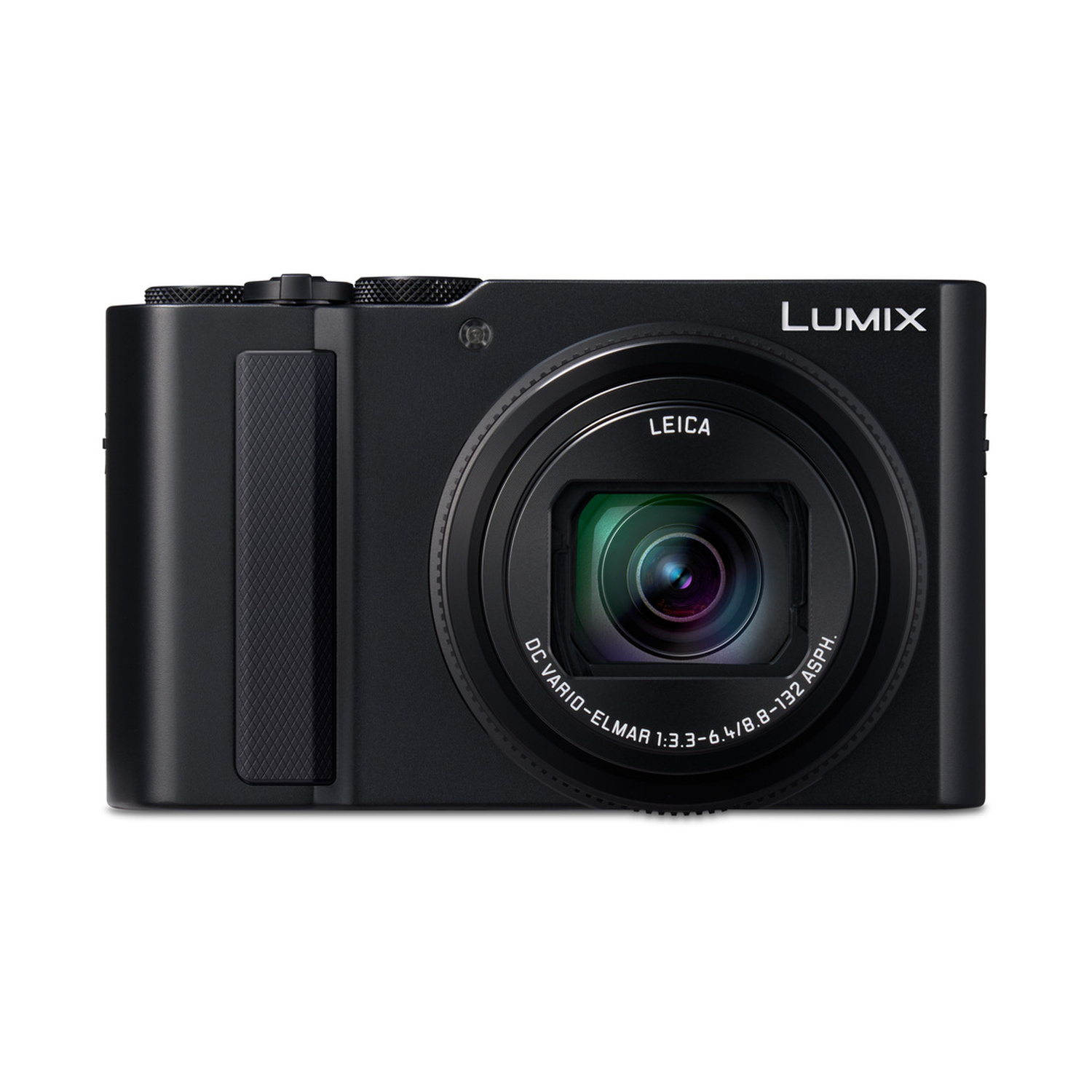 Fotocamera digitale Panasonic Lumix nera con obiettivo Leica, logo Lumix bianco.