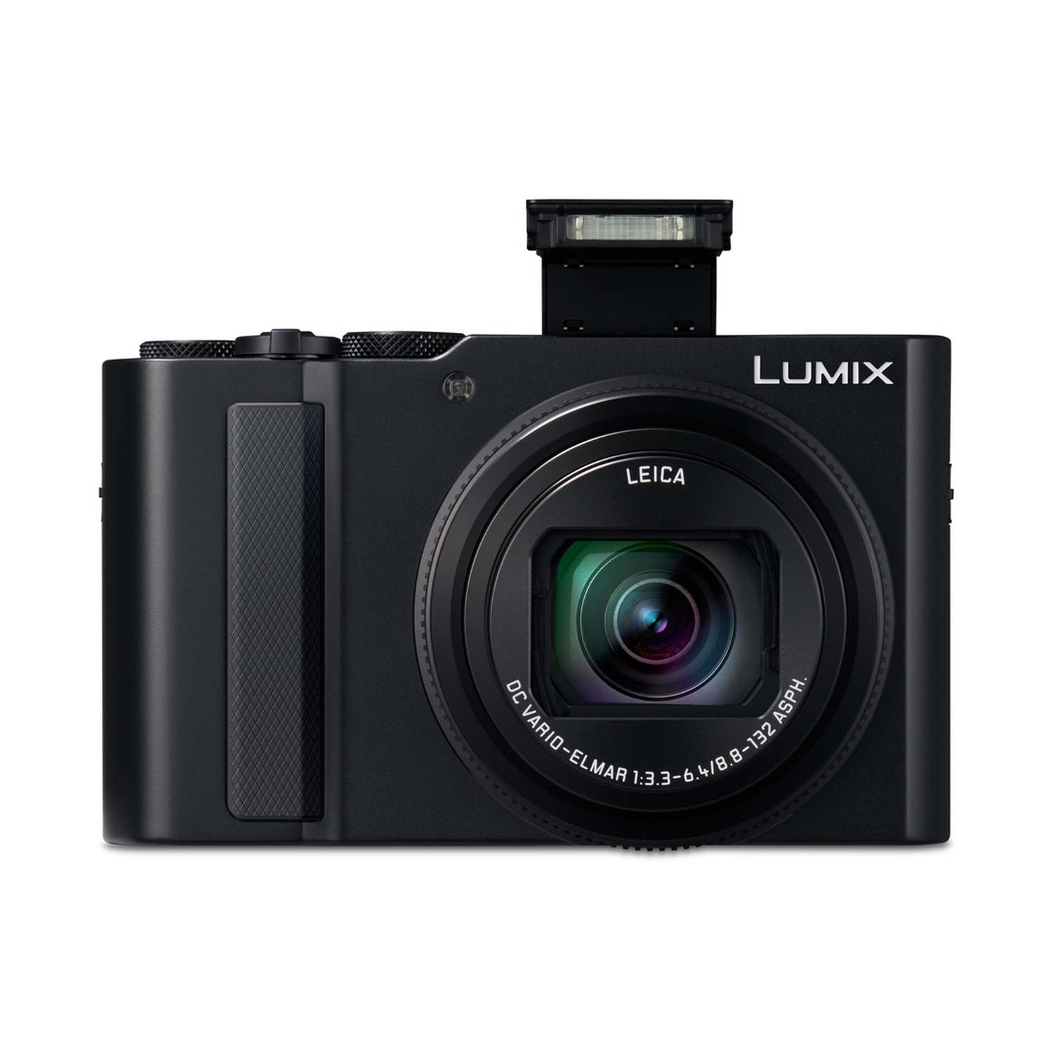 Una fotocamera digitale Panasonic Lumix nera con flash a comparsa.