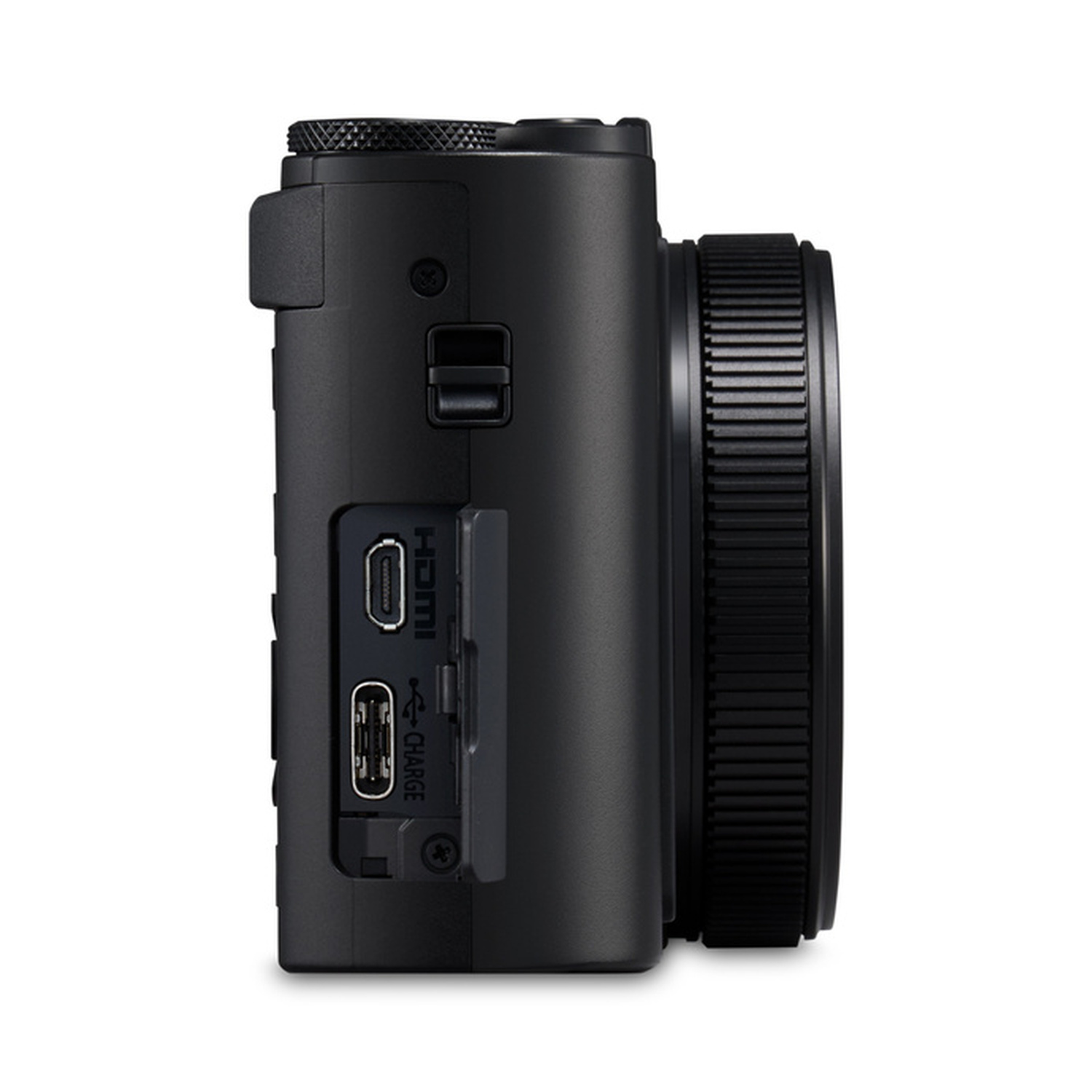 Fotocamera nera con porte HDMI e USB-C sul lato.
