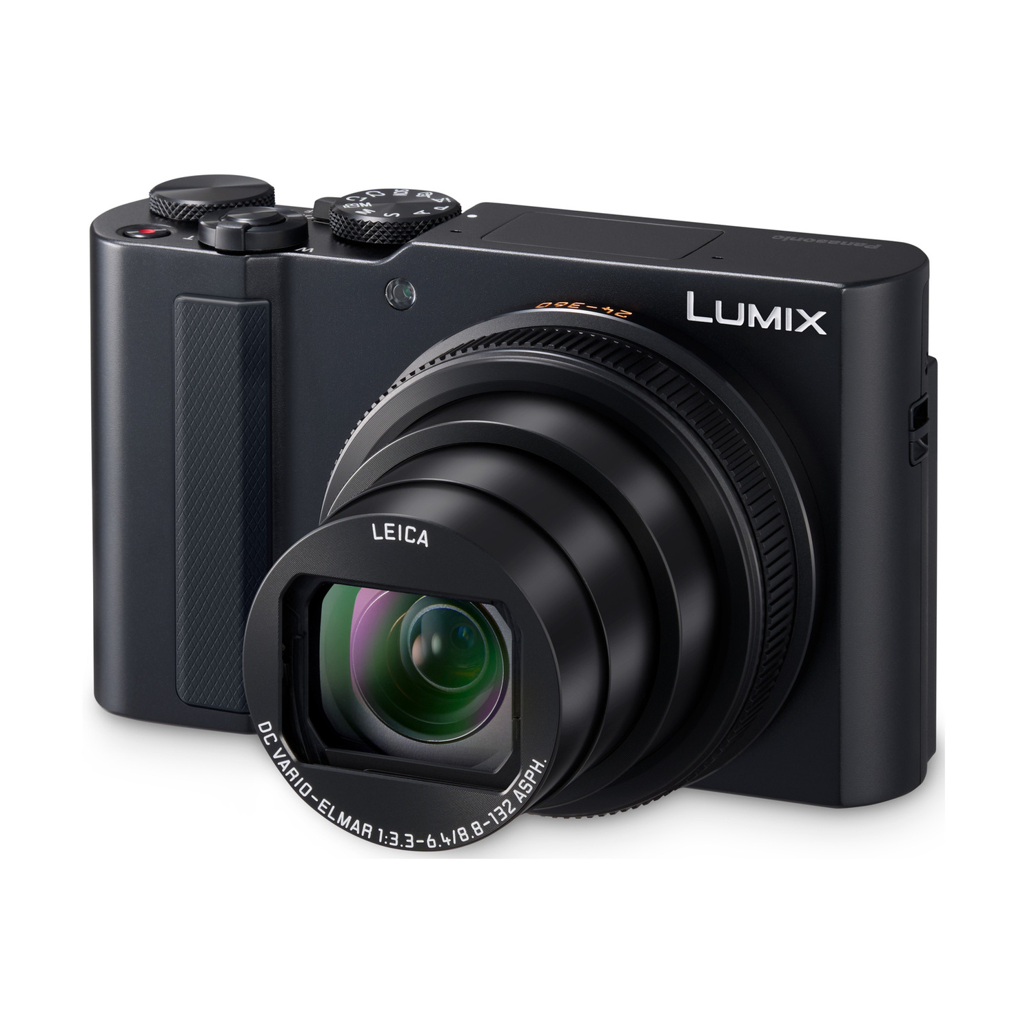 Una fotocamera digitale Panasonic Lumix nera con obiettivo Leica.