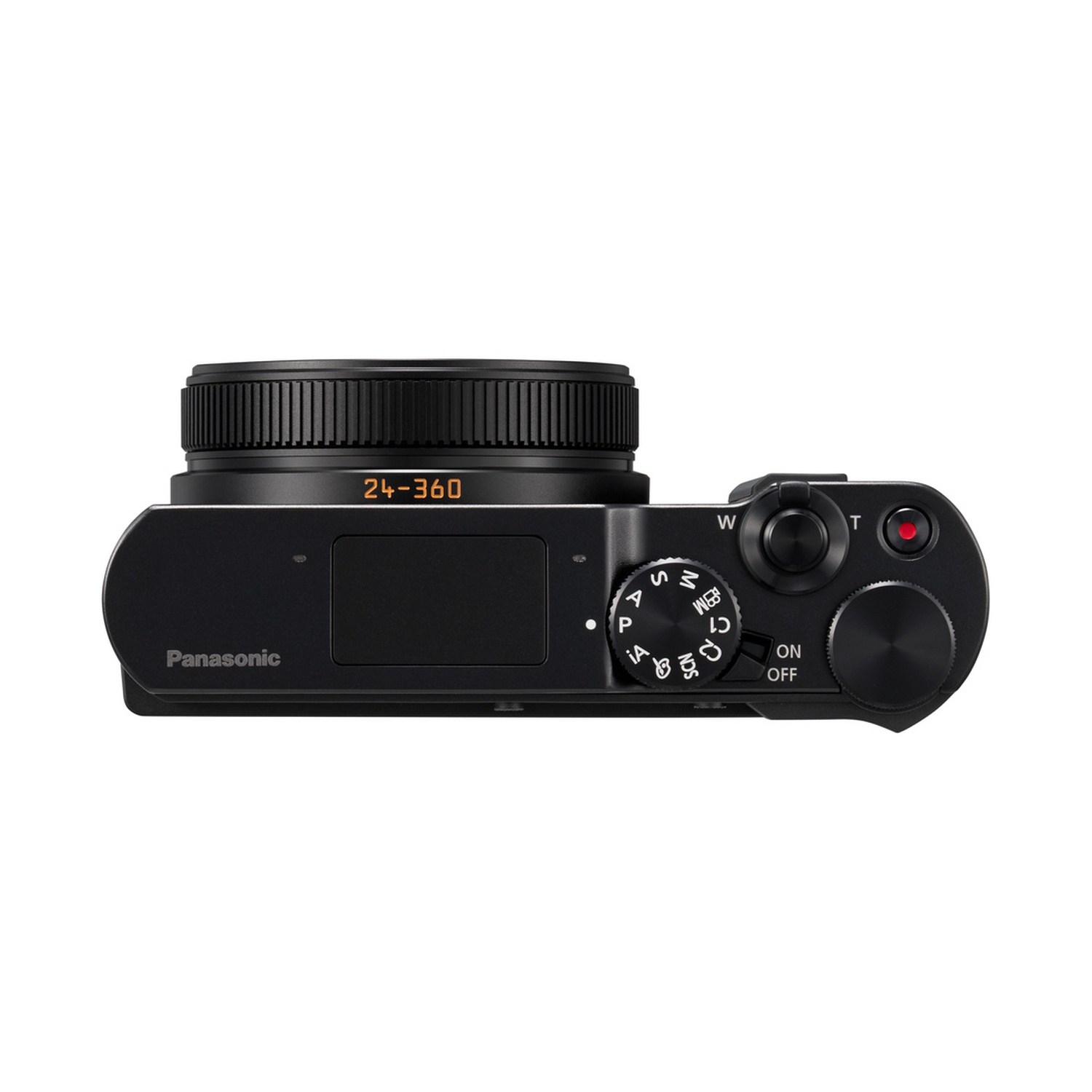 Fotocamera Panasonic nera con ghiera zoom e selettore modalità. Etichetta 24-360.