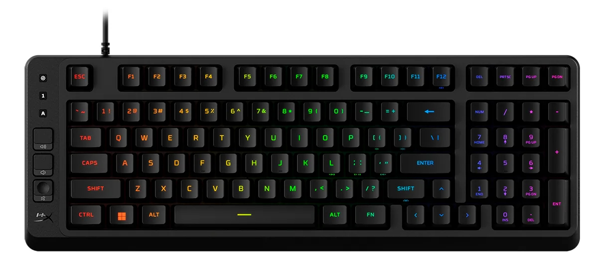 Czarna klawiatura gamingowa z podświetleniem RGB. Posiada dedykowane klawisze multimedialne i klawiaturę numeryczną.