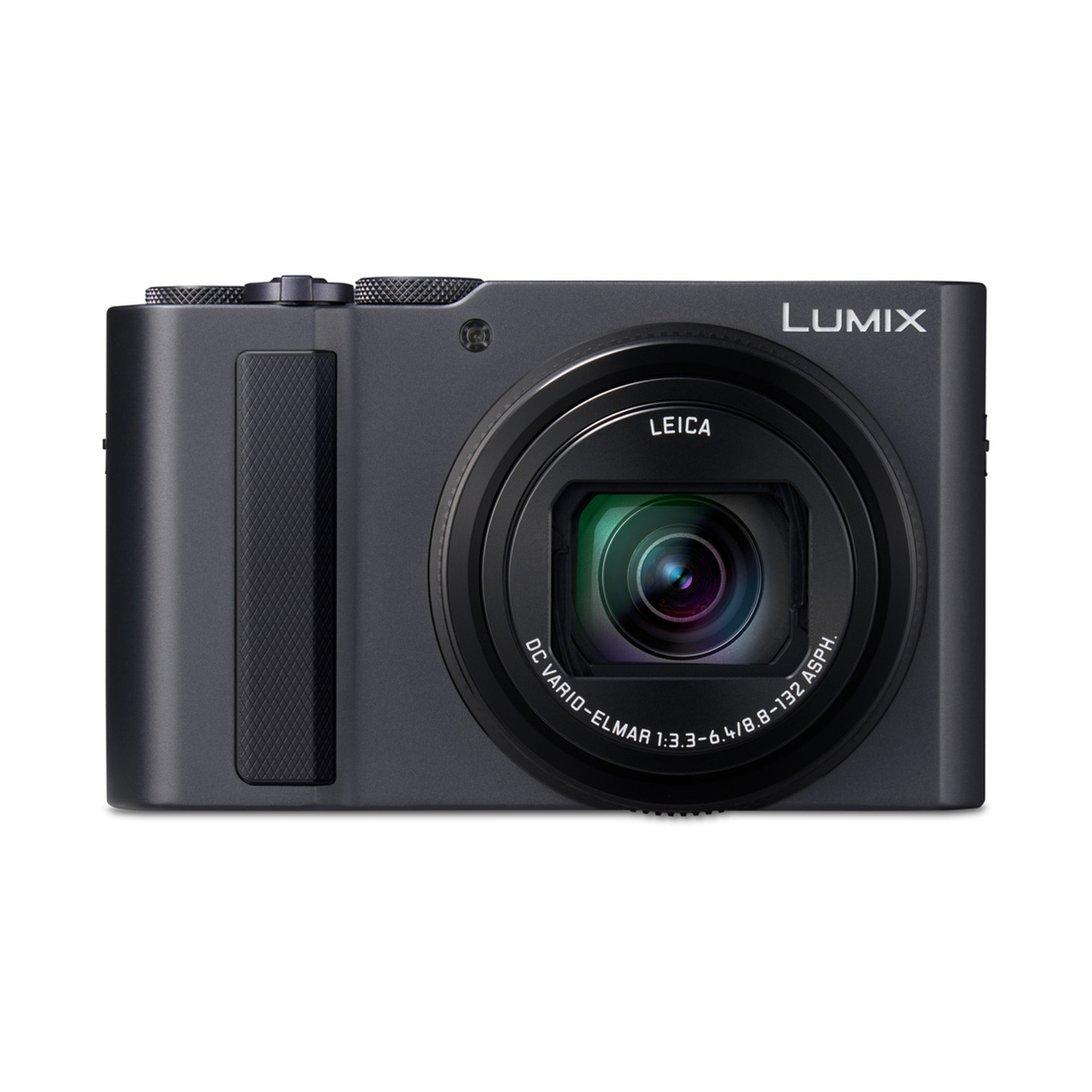 Una fotocamera Panasonic Lumix grigio scuro con obiettivo.
